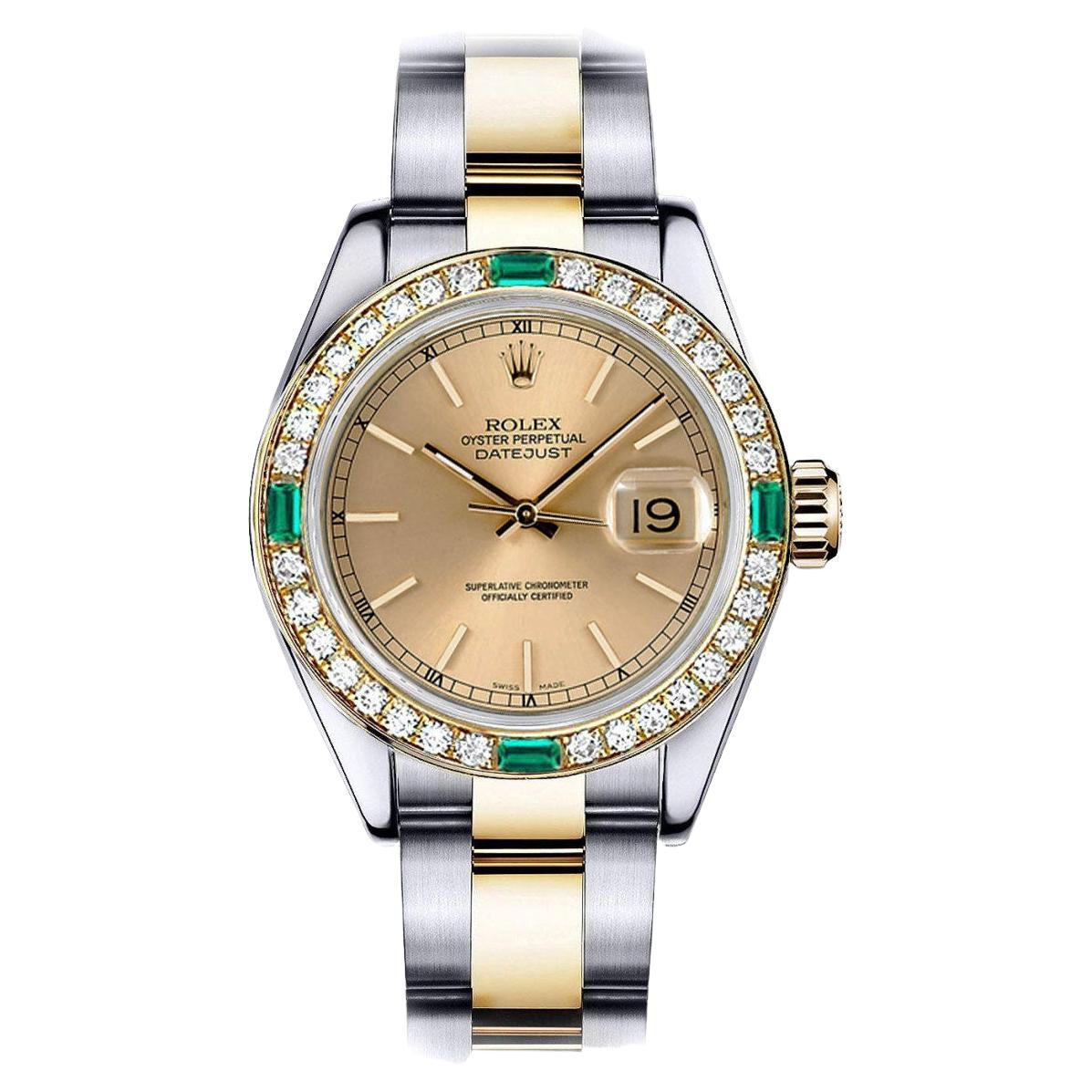 Rolex Champagne Dial Datejust Diamond / Emerald Bezel Two Tone Watch For Sale