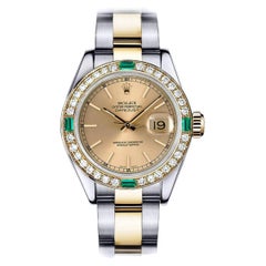 Used Rolex Champagne Dial Datejust Diamond / Emerald Bezel Two Tone Watch