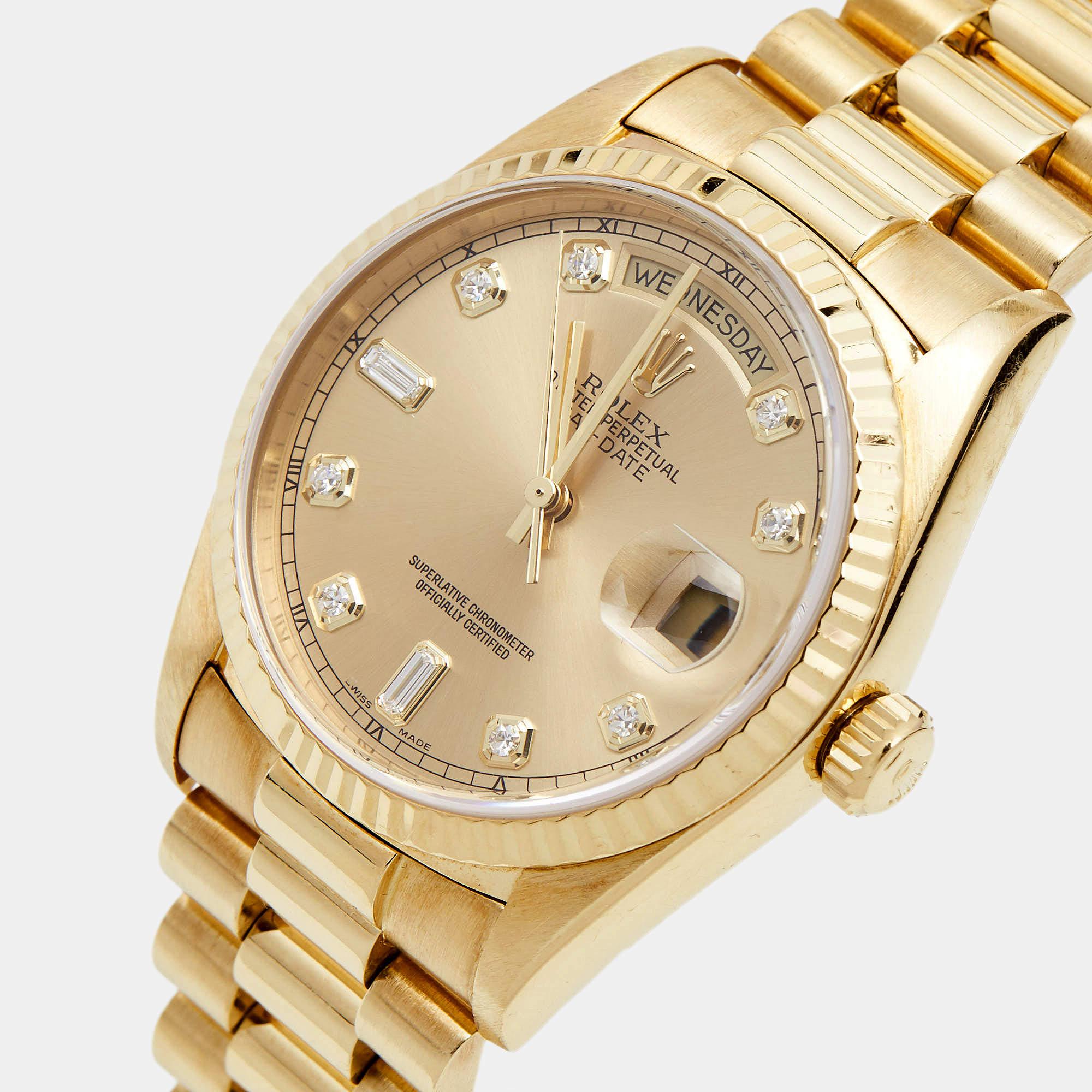 This beautiful Rolex Datejust for men will be a fine investment. Crafted using 18k yellow gold, the automatic watch features a champagne dial set with diamond hour markers, a date window, and three hands. Iconic, comfortable, and simply classy, this