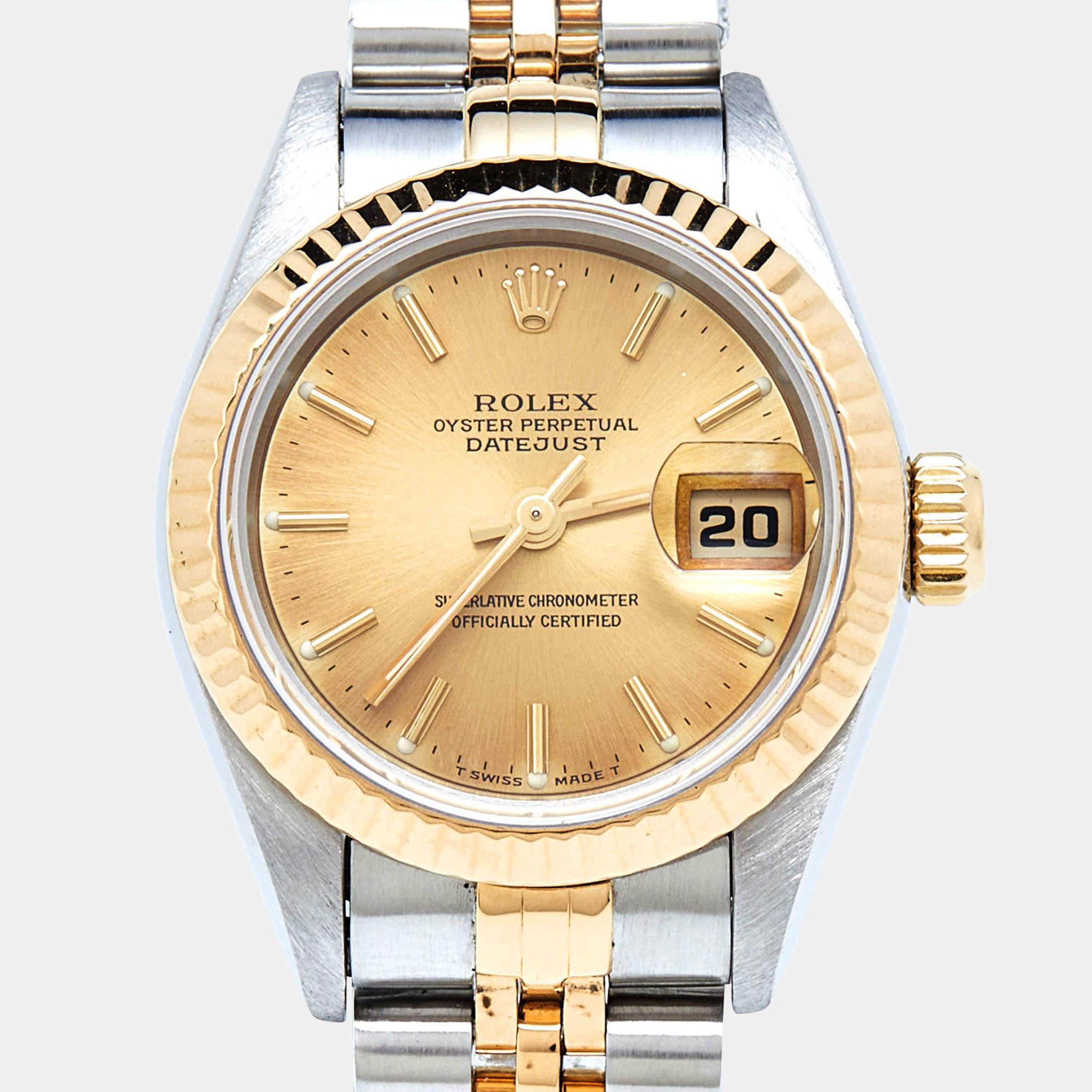 The Datejust is one of the most recognized and coveted watches from the house of Rolex. It has a distinct look and an irrefutable appeal. Crafted in stainless steel and 18k yellow gold, this authentic Rolex Datejust 69173 wristwatch has the