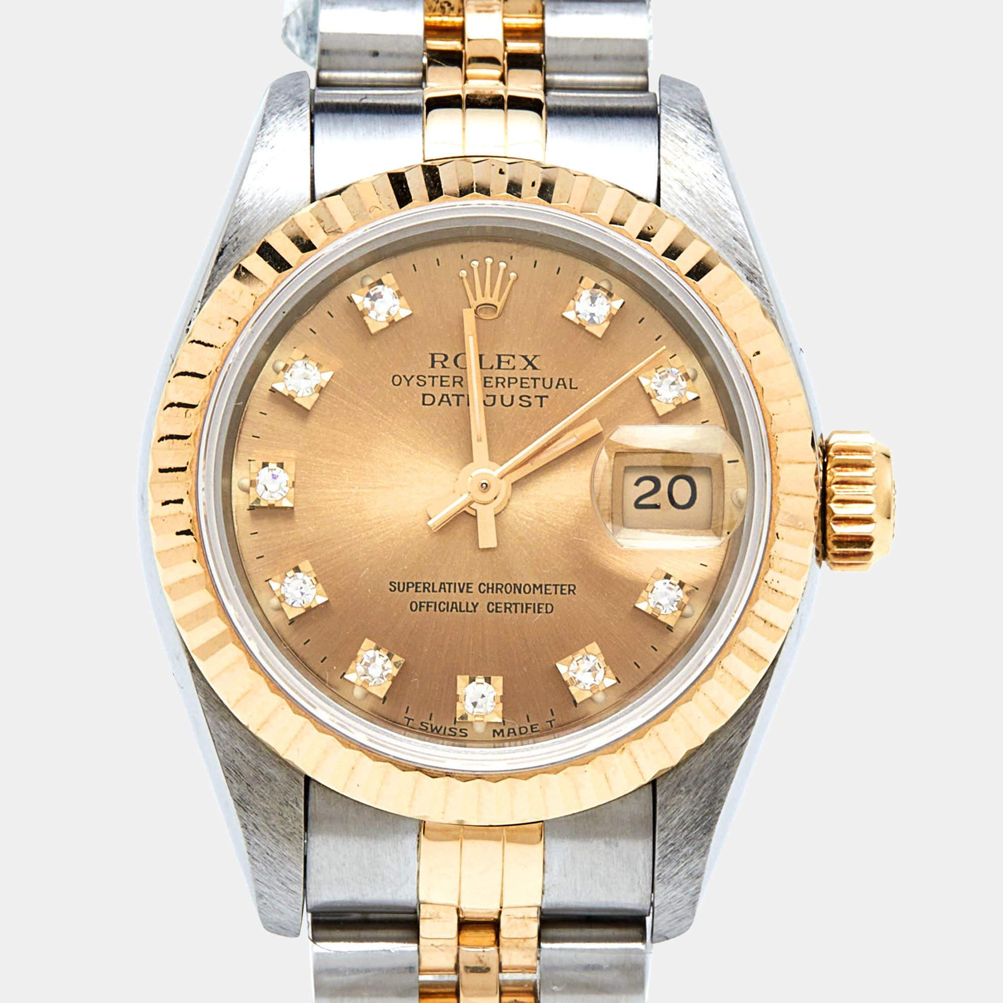 Aesthetic Movement Rolex Champagne Diamonds 18K Yellow Gold Datejust 69173 Women's Wristwatch 26 mm