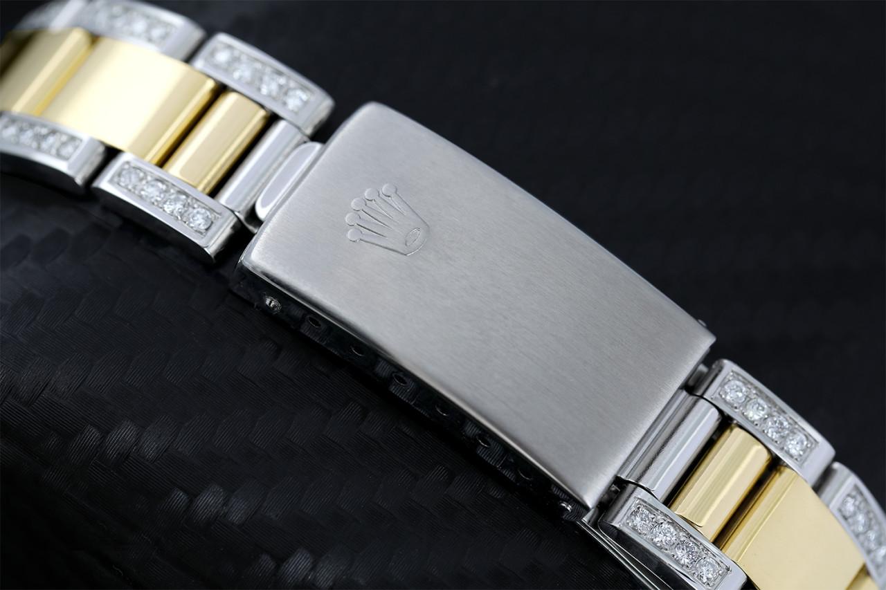 Rolex Champagner String 31 Datejust Oyster Zweifarbiger 18K Gold + SS + seitliche Diamanten im Zustand „Hervorragend“ im Angebot in New York, NY