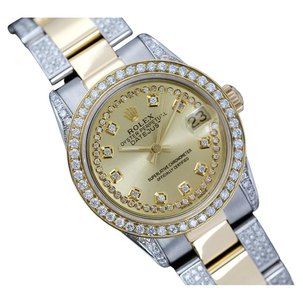 Rolex Champagne String 31 Datejust Oyster Two Tone 18K Gold + SS +Side Diamonds For Sale