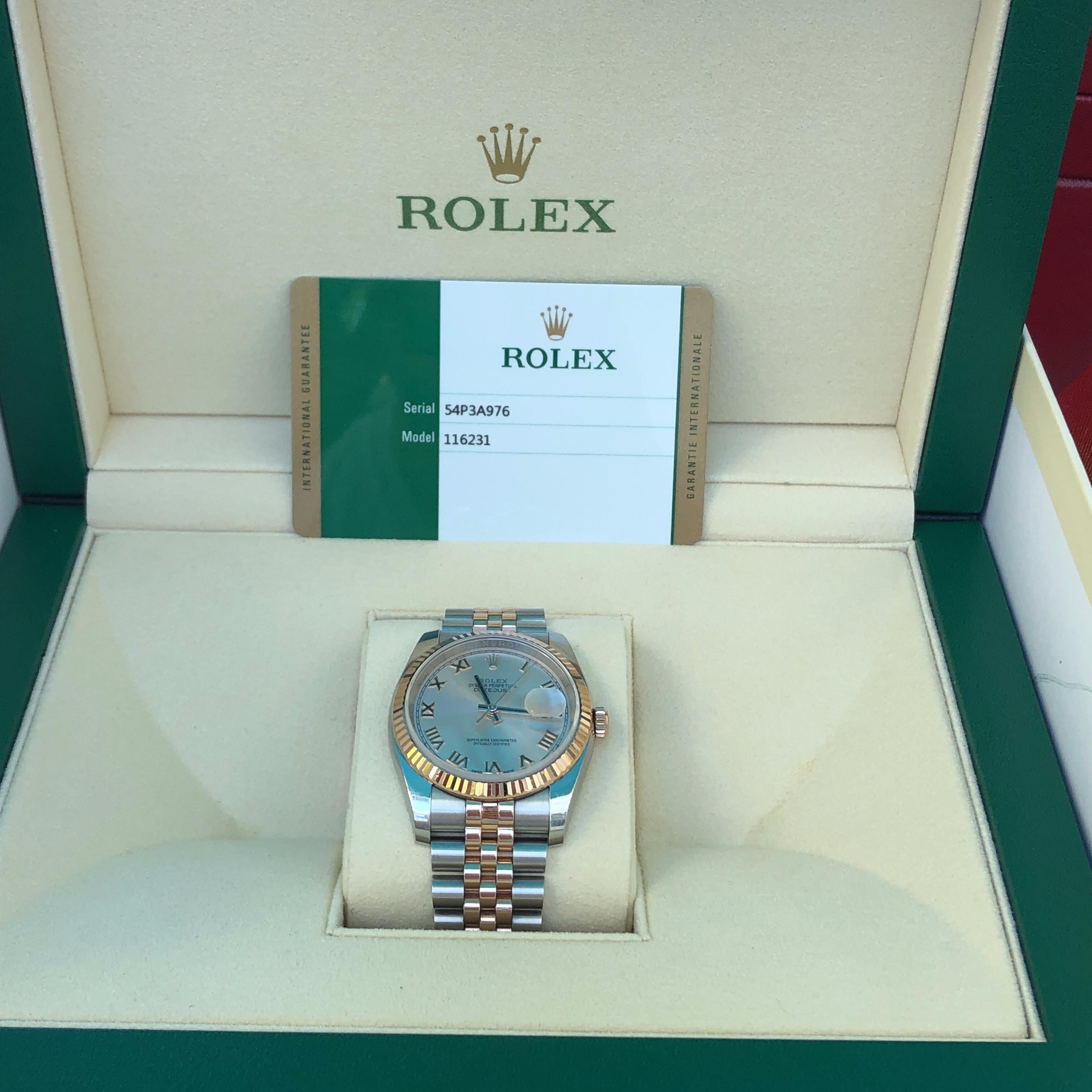 Rolex Concentric Dial Roulette Auto Datejust 36mm Steel Gold Men's Watch 116231

Rolex Datejust in Stainless Steel and 18K Rose Gold Ref# 116231. On Stainless Steel and 18K Rose Gold Jubilee bracelet with hidden folding clasp, 18K Rose Gold fluted