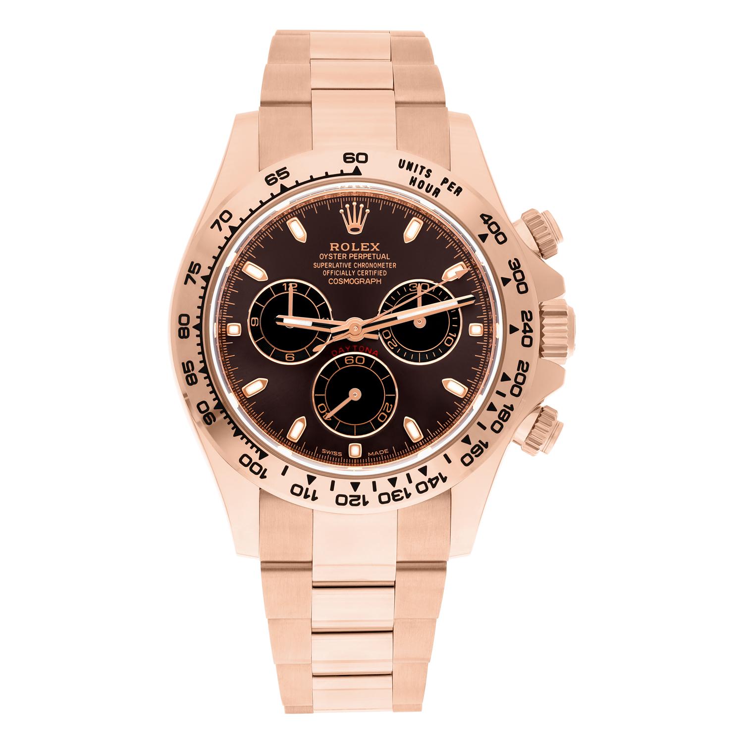 Complete with its original Rolex box, booklets, swing tags and warranty card. Under Rolex warranty until April 2027. This 116505 Daytona looks absolutely magnificent in 18ct Everose gold with discontinued chocolate brown dial, one of the most