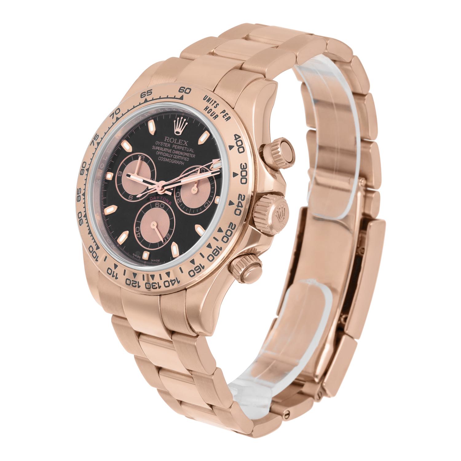 Modern Rolex Cosmograph Daytona 116505 Black Dial Pink Subdials 18K Rose Gold Complete For Sale