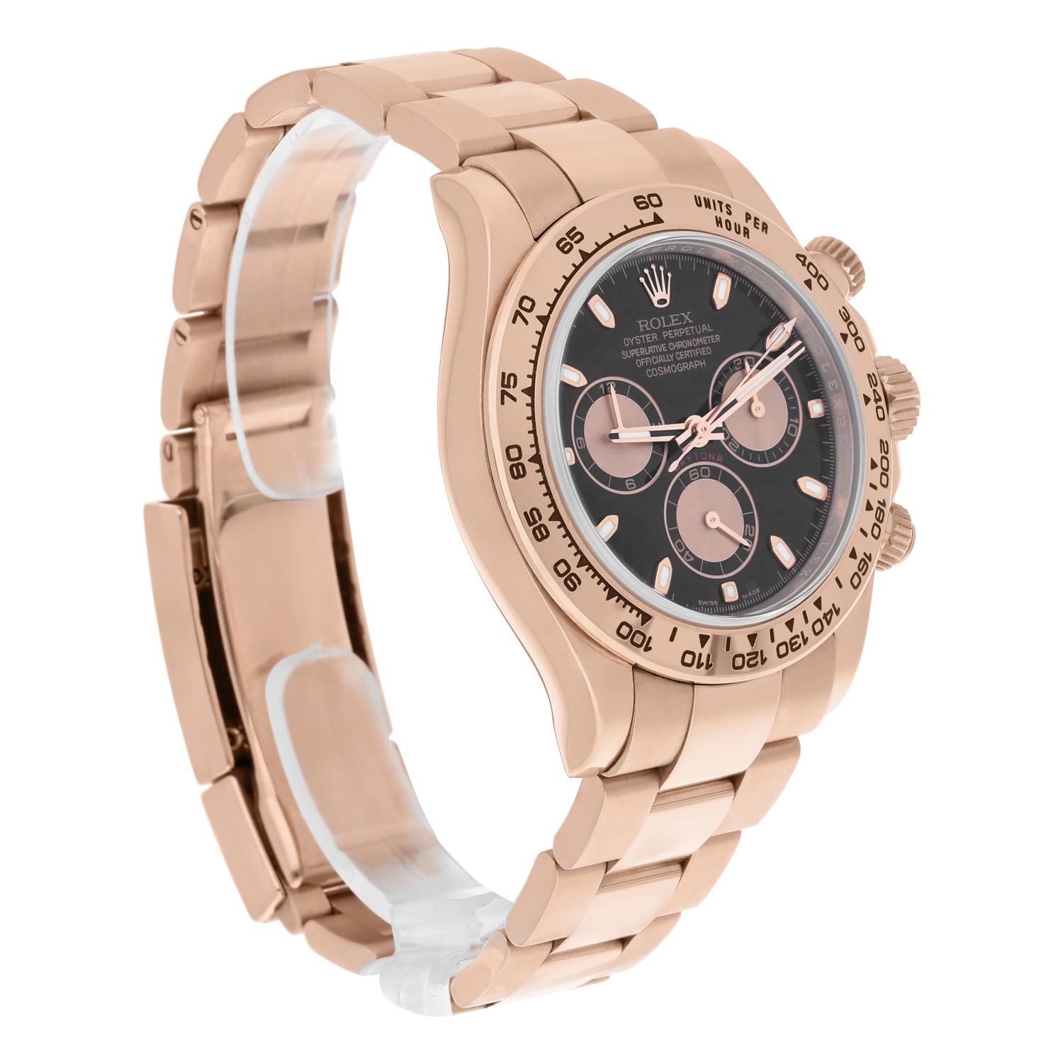 Rolex Cosmograph Daytona 116505 Black Dial Pink Subdials 18K Rose Gold Complete In Excellent Condition For Sale In New York, NY