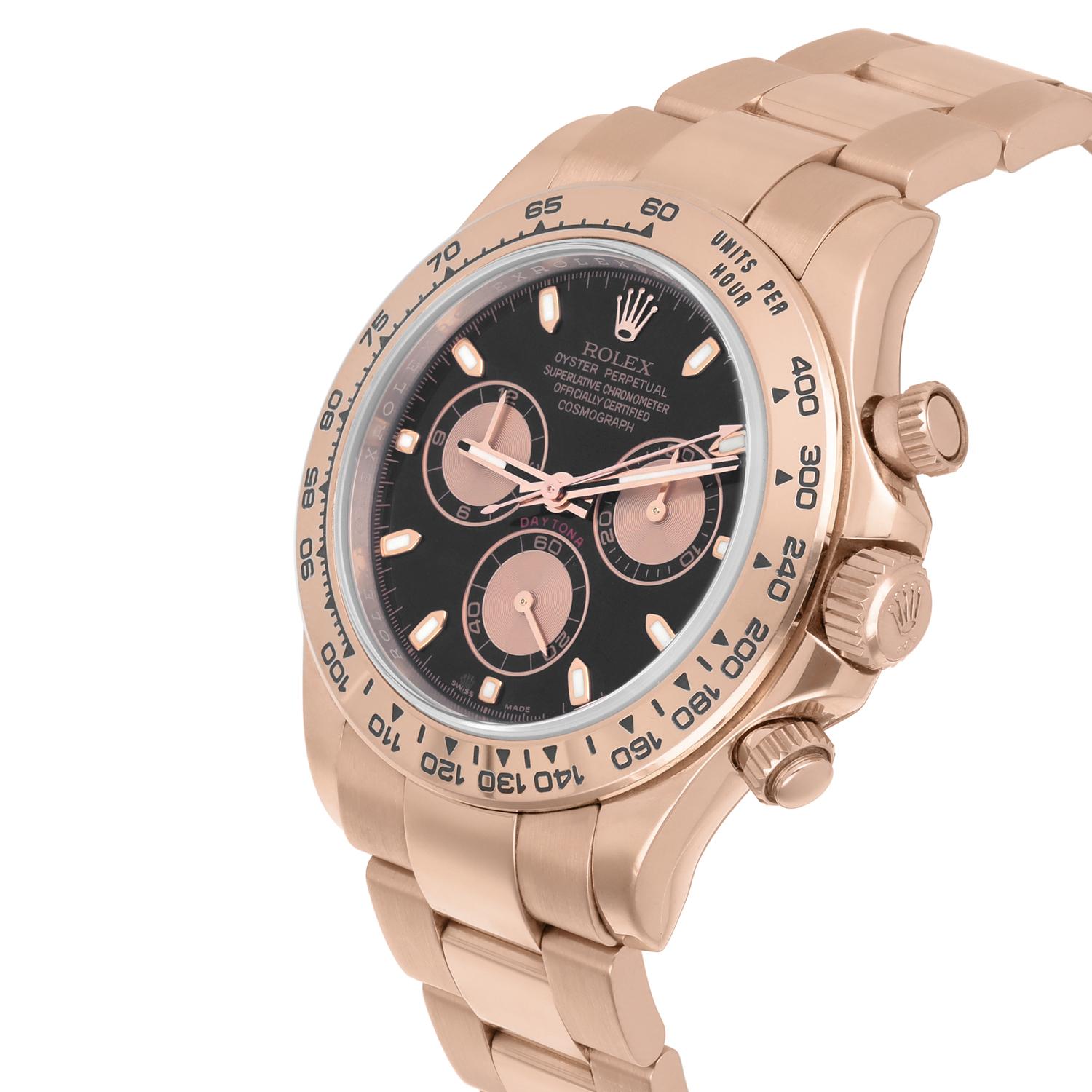 Men's Rolex Cosmograph Daytona 116505 Black Dial Pink Subdials 18K Rose Gold Complete For Sale