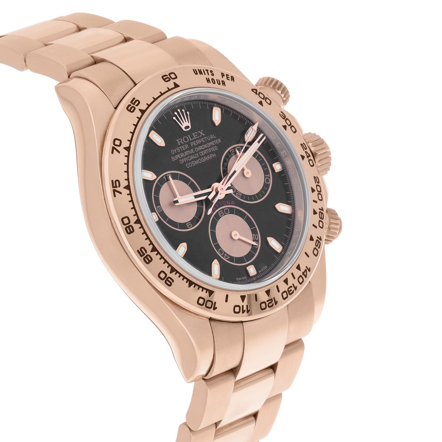 Rolex Cosmograph Daytona 116505 Black Dial Pink Subdials 18K Rose Gold Complete For Sale 1
