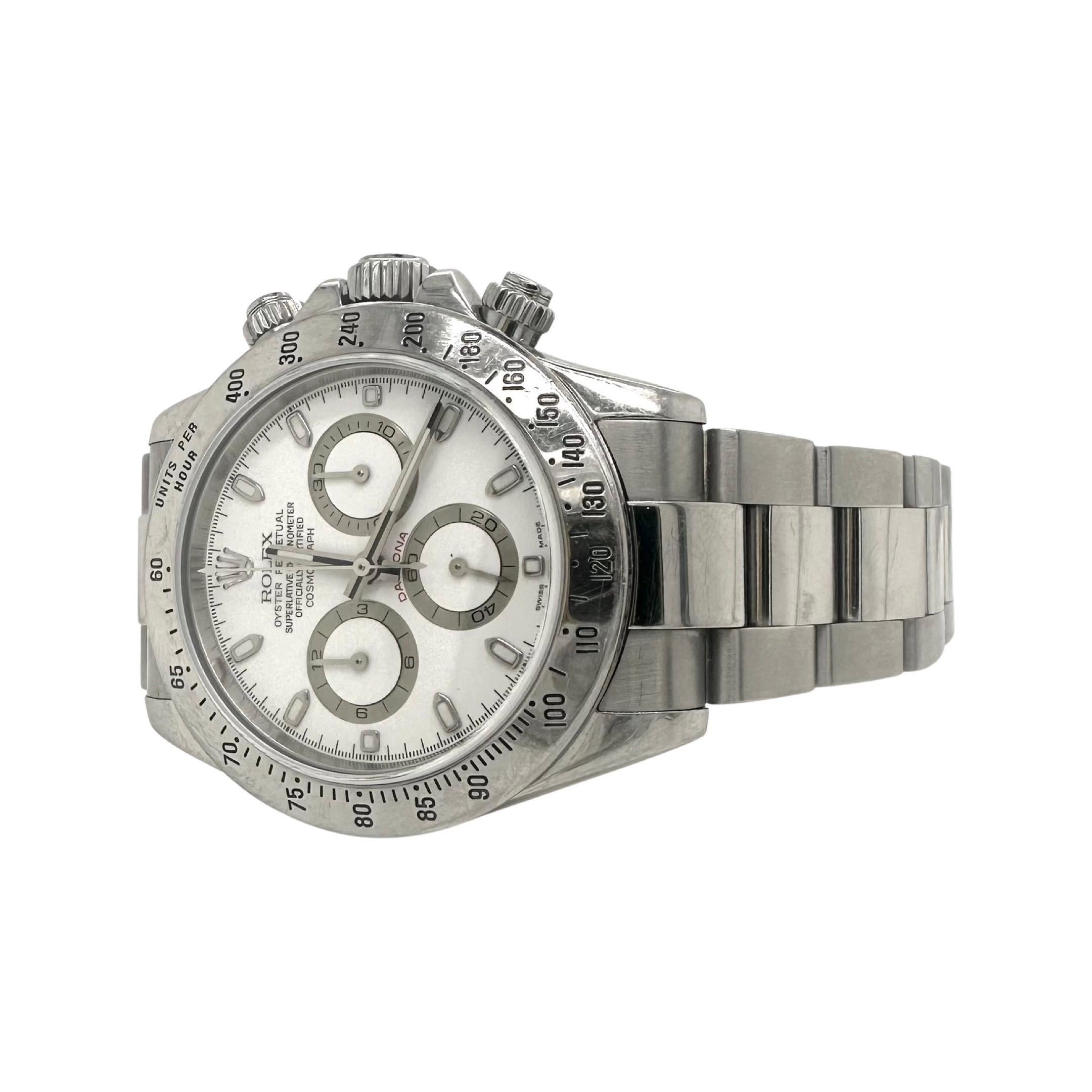 Brand: Rolex

Model Name: Cosmograph Daytona

Model Number: 116520

Movement: Mechanical Automatic

Case Size: 40 mm

Case Material: Stainless Steel 

Bezel: Units Per Hour

Bracelet: Oyster

Dial: White 

Links: 11 

Year: 2007​​​​​3

Includes:  24