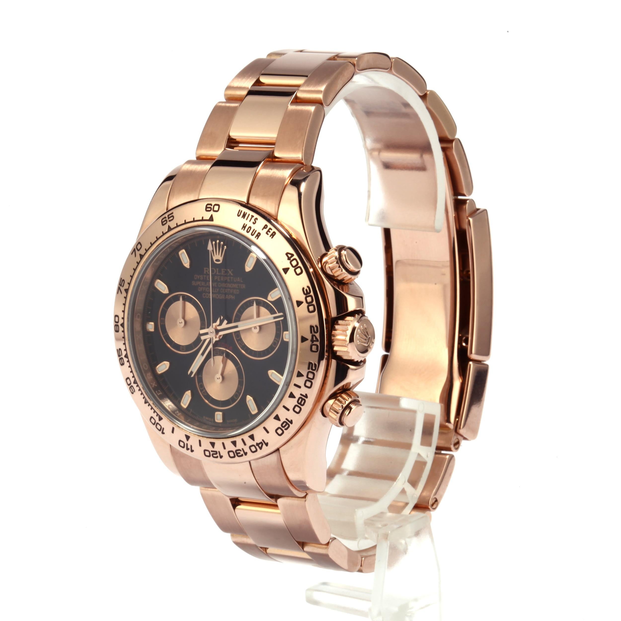 Unworn. This watch comes with an original box and papers.

Movement Type	Mechanical (Automatic)
Movement Caliber	Rolex Caliber 4130
Complications	Chronograph,Small Seconds SubDial,Tachymeter
Features	
Gender	Men's
Case Material	Rose Gold
Case