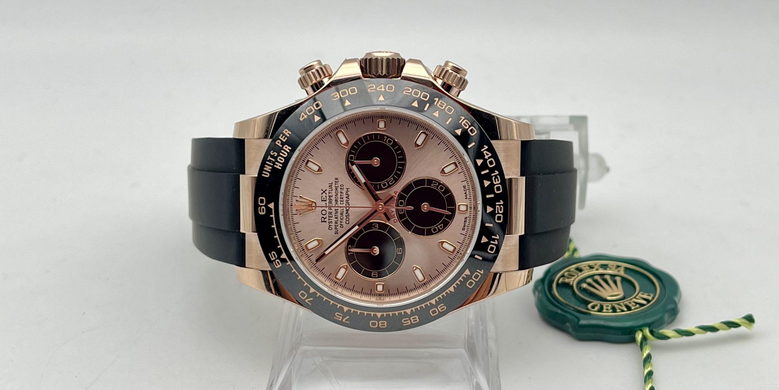 The Rolex Cosmograph Daytona 126515LN is a 40mm watch made of 18 ct Everose gold. It features a bright black and Sundust dial with diamond-set hour markers and hands. The watch also has a tachymetric scale on the bezel that measures average speeds