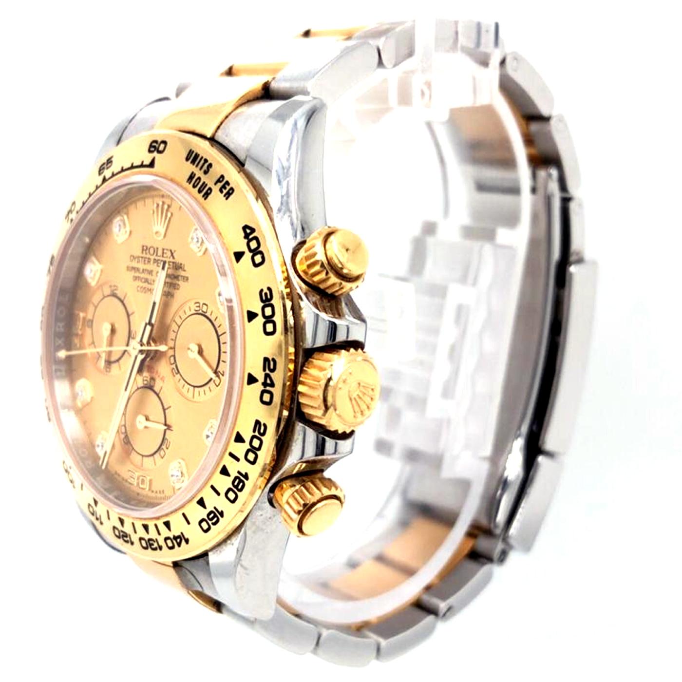Rolex Cosmograph Daytona 18 Carat Two-Tone Yellow Gold Diamond Dial Oyster Watch In Good Condition In Aventura, FL