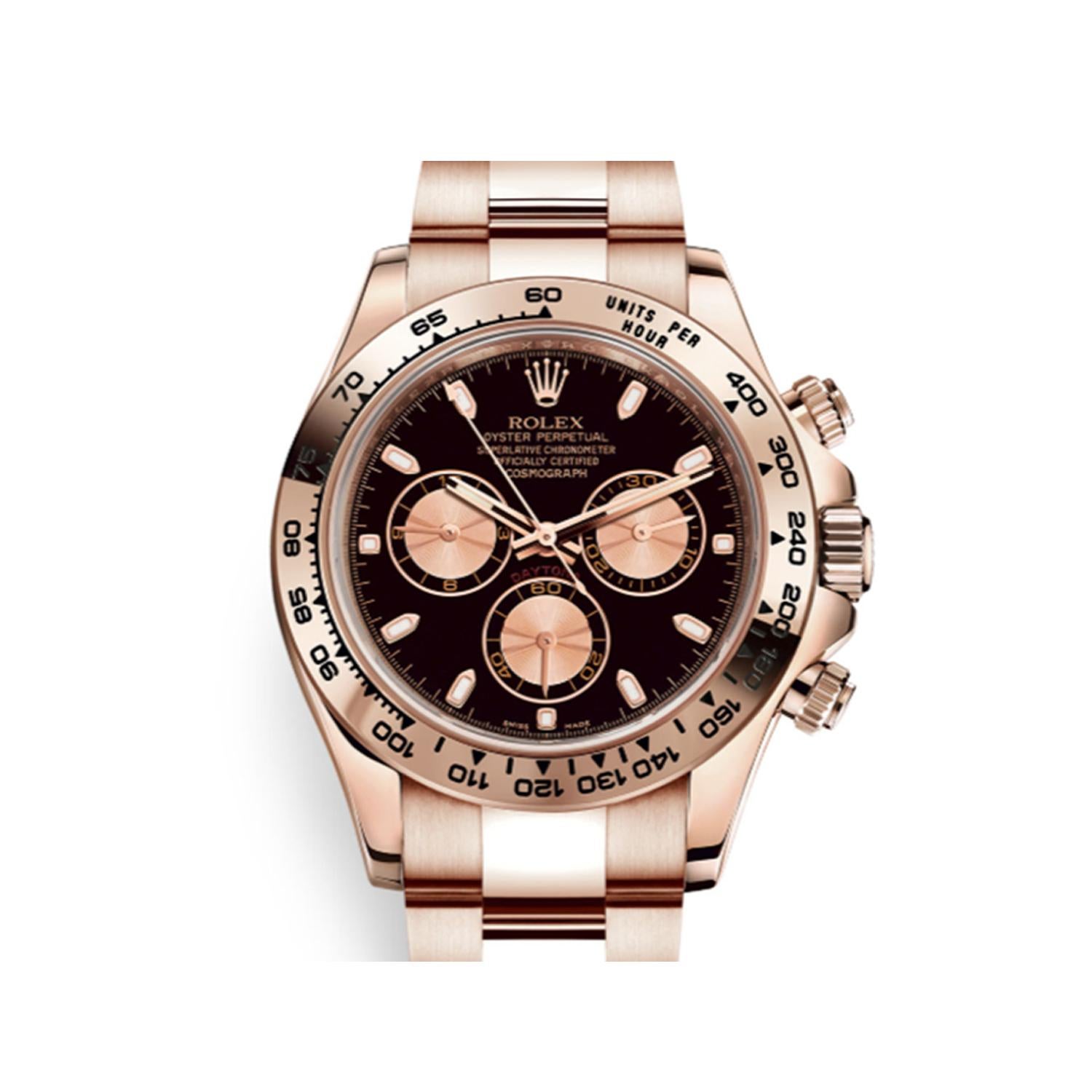 This brand new Rolex Cosmograph Daytona  116505 is a beautiful men's timepiece that is powered by mechanical (automatic) movement which is cased in a rose gold case. It has a round shape face, chronograph, small seconds subdial, tachymeter dial and