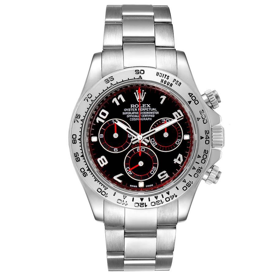 Rolex Cosmograph Daytona 18K White Gold Black Dial Mens Watch 116509. Officially certified chronometer self-winding movement. Rhodium-plated, 44 jewels, straight line lever escapement, monometallic balance adjusted to temperatures and 5 positions,