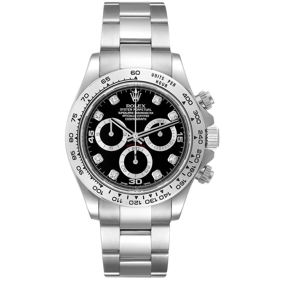 Rolex Cosmograph Daytona 18K White Gold Diamond Mens Watch 116509 Box Card. Officially certified chronometer self-winding movement. Rhodium-plated, 44 jewels, straight line lever escapement, monometallic balance adjusted to temperatures and 5