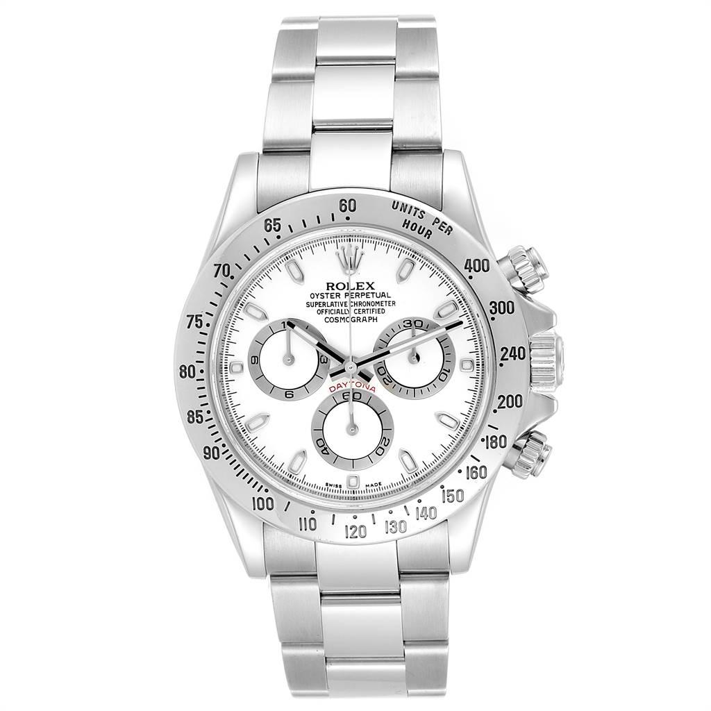 Rolex Cosmograph Daytona 40 White Dial Chrono Steel Mens Watch 116520. Automatic self-winding officially certified chronometer movement. Chronograph function. Stainless steel case 40.0 mm in diameter. Special screw-down push buttons. Stainless steel