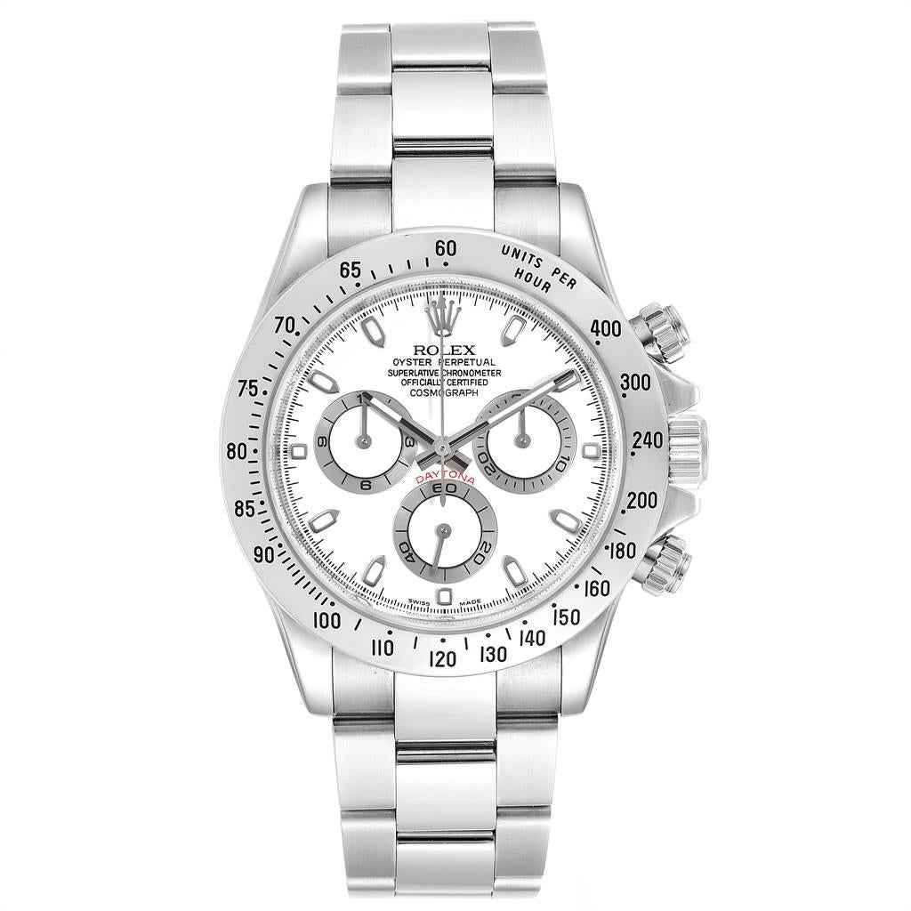 Rolex Cosmograph Daytona 40 White Dial Chrono Steel Mens Watch 116520. Officially certified chronometer self-winding movement. Stainless steel case 40.0 mm in diameter. Special screw-down push buttons. Stainless steel tachymeter engraved bezel.