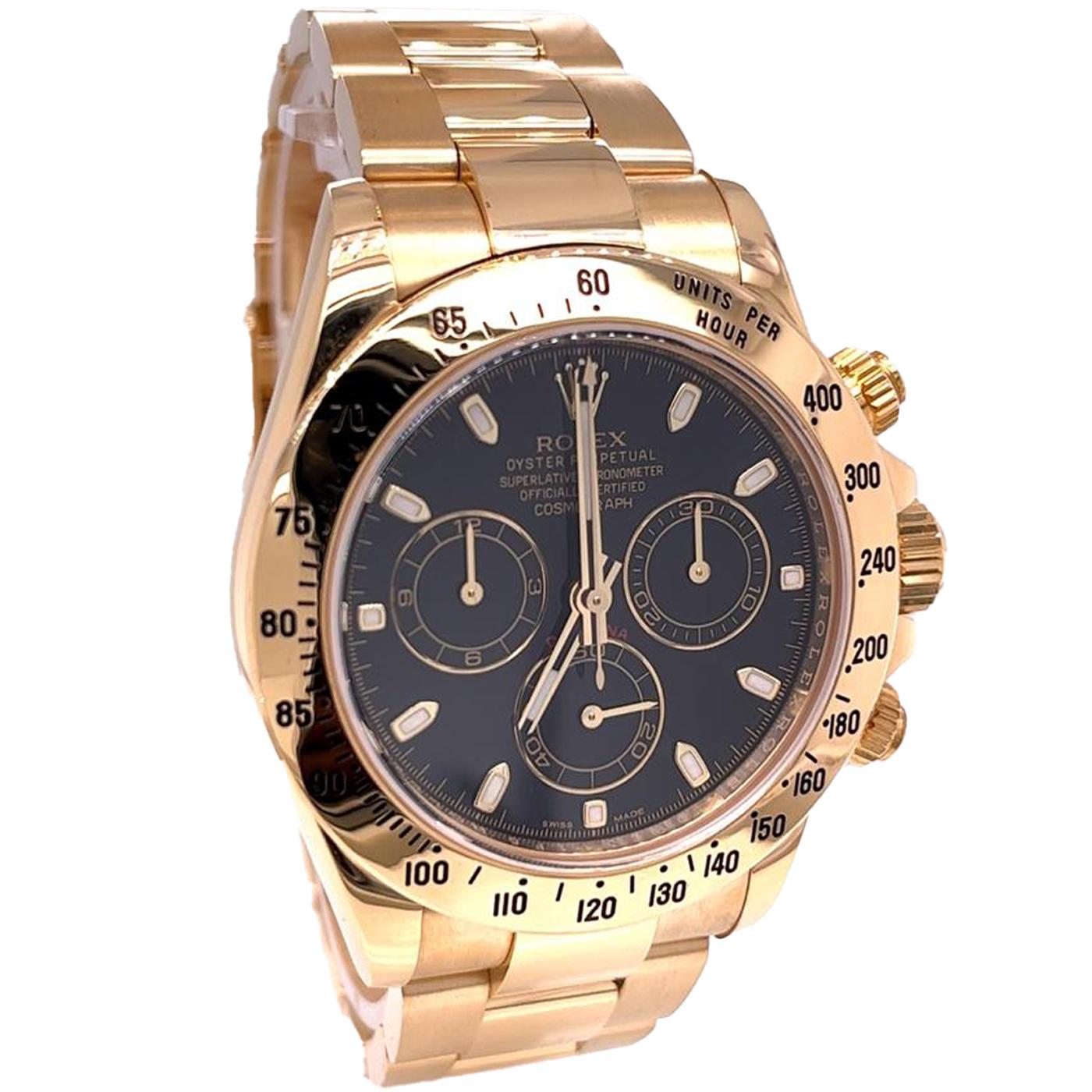 Rolex Cosmograph Daytona Black Dial 18K Yellow Gold Mens Watch 116528H For Sale 4