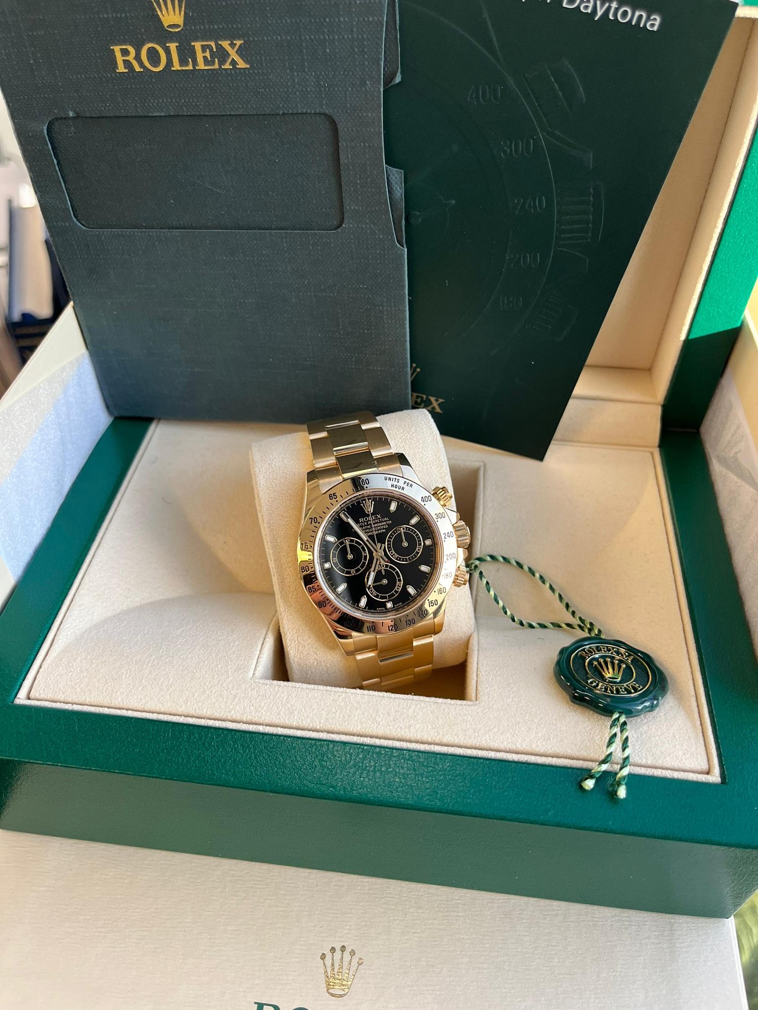 Rolex Cosmograph Daytona Black Dial 18K Yellow Gold Mens Watch 116528H For Sale 9