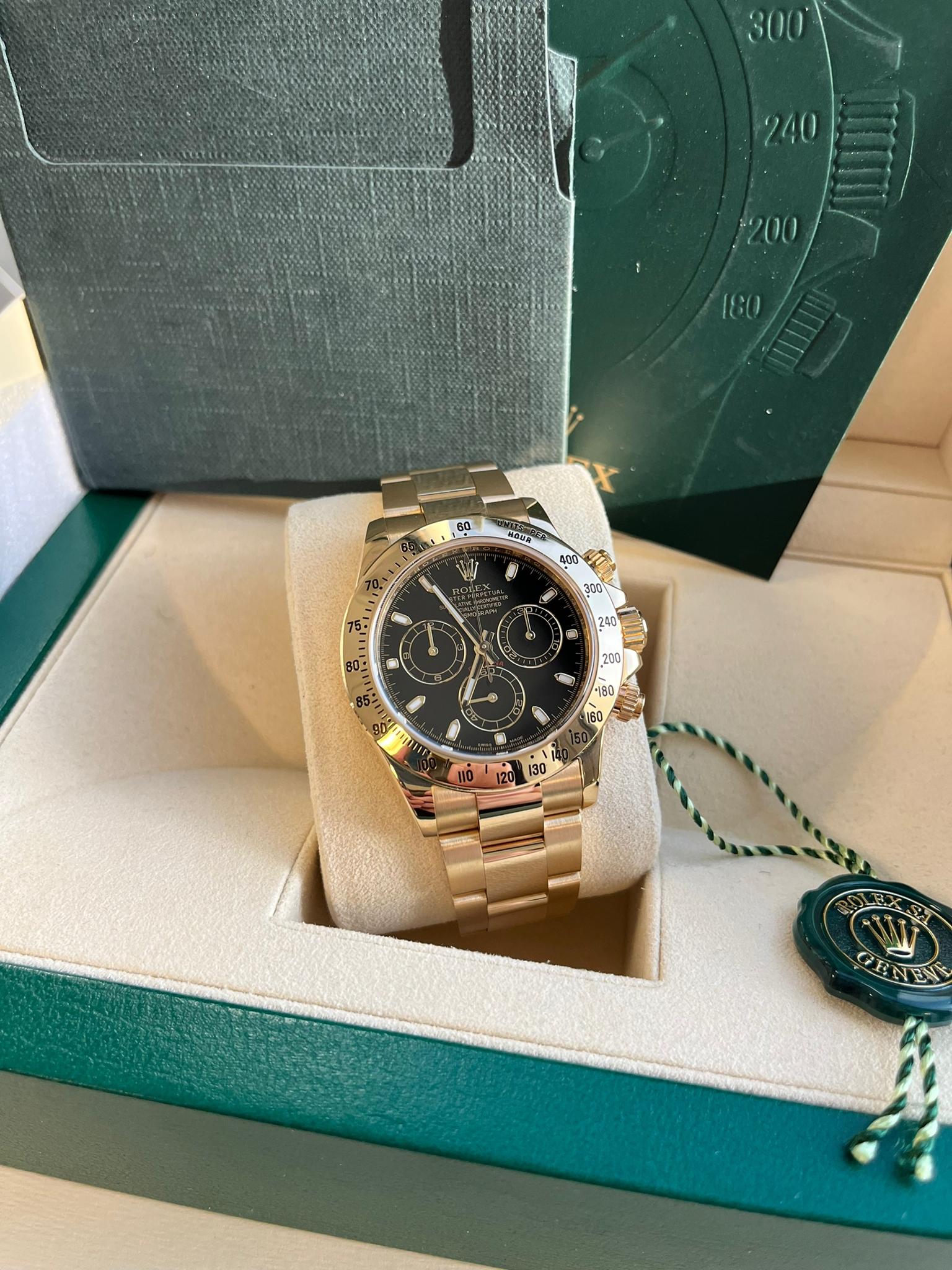 Rolex Cosmograph Daytona Black Dial 18K Yellow Gold Mens Watch 116528H For Sale 10