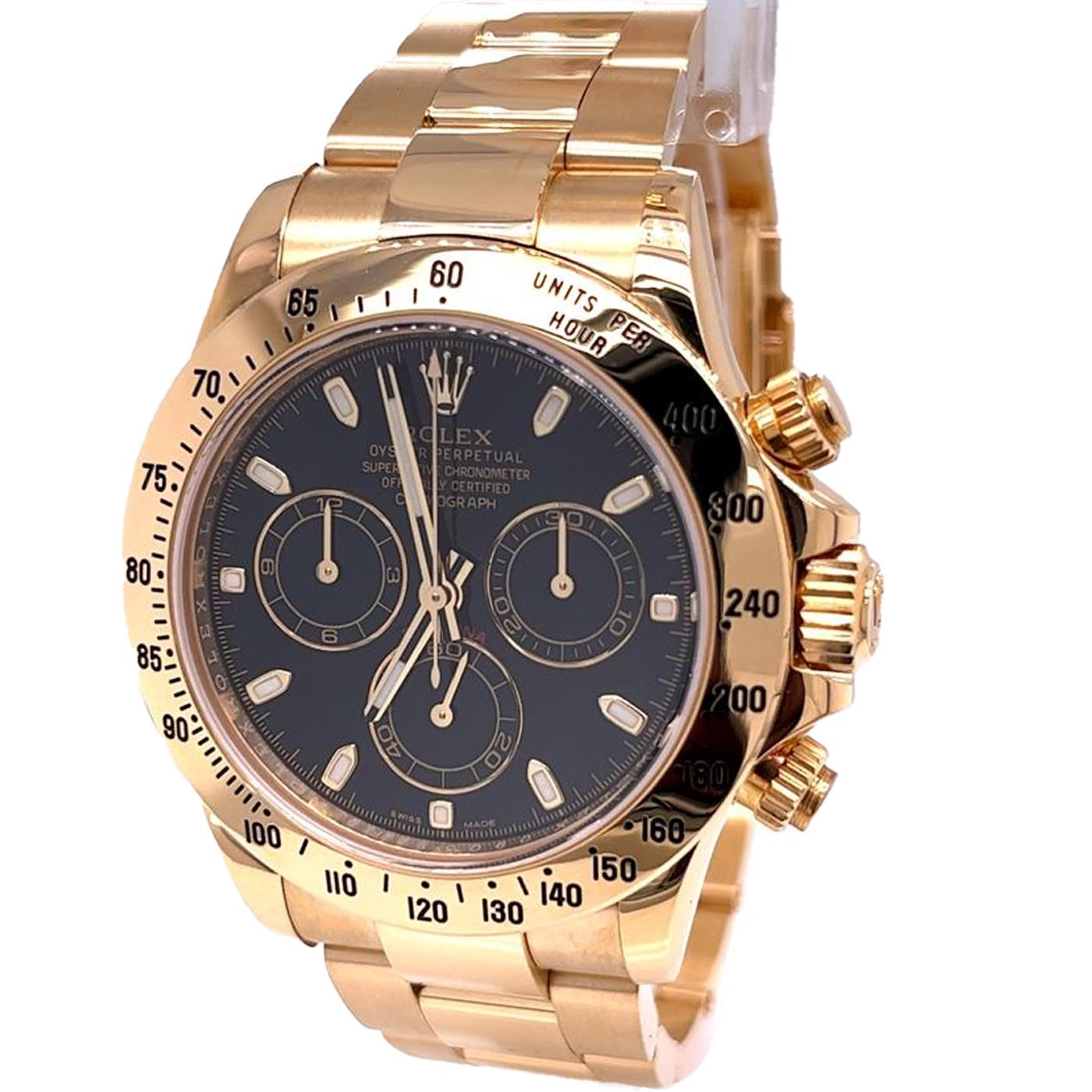 The Rolex Daytona 116528H is the all-gold variation of the Cosmograph Daytona. The particular reference that is presented here is in the yellow gold finish, a 40mm Oyster case with a three-link Oyster bracelet, As a traditional Rolex chronograph,