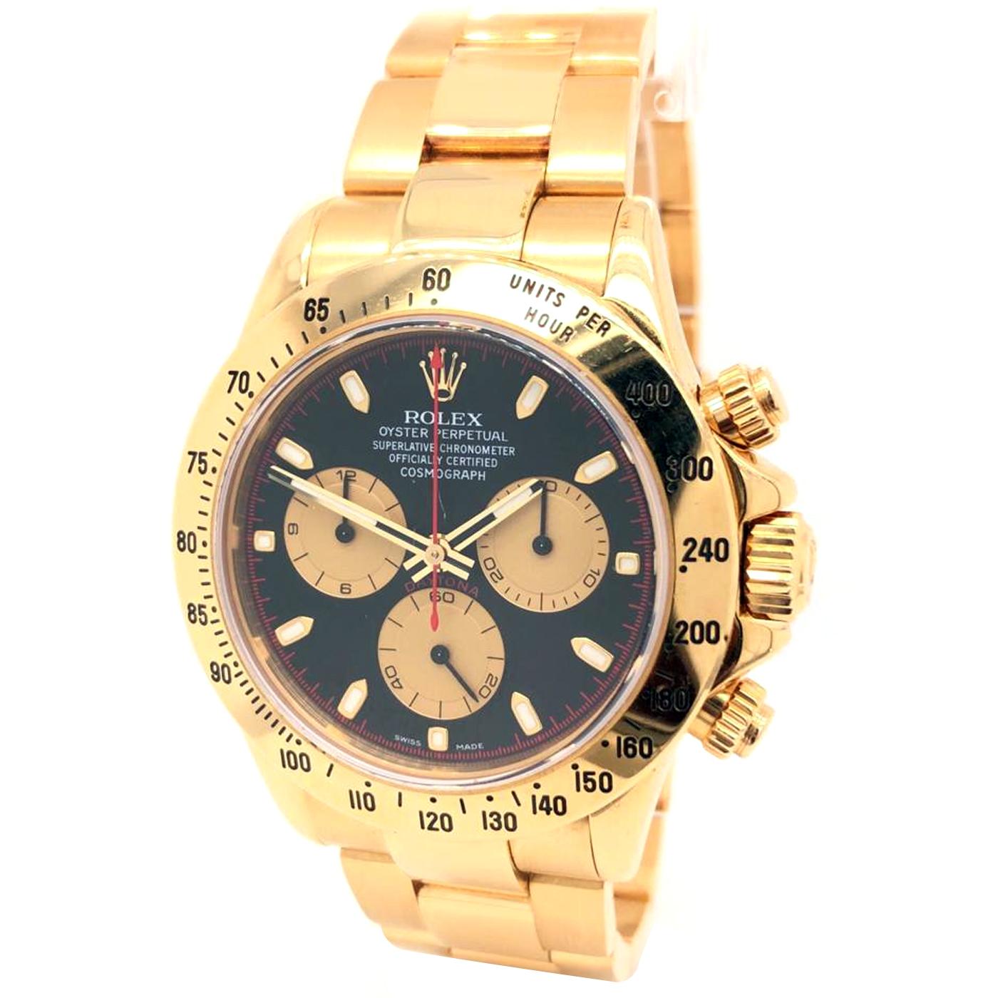 Moderniste Rolex Cosmograph Daytona Montre Homme Or Jaune 18k Cadran Noir 116528 en vente