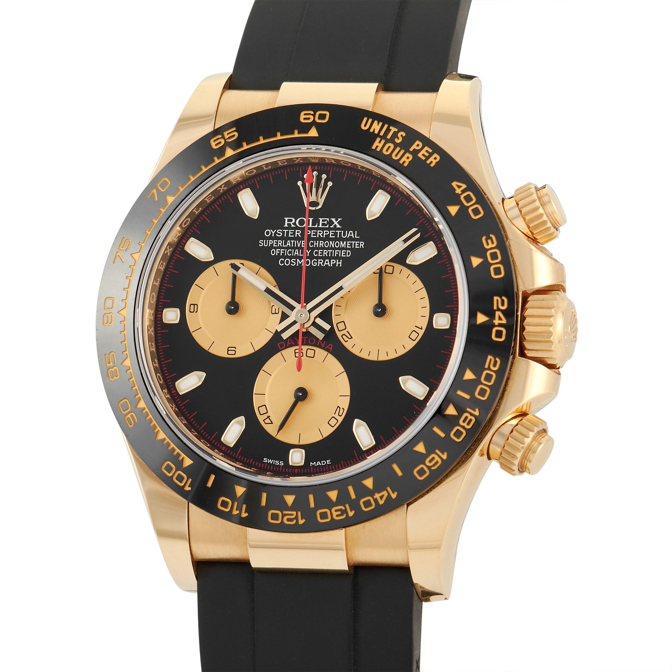 You'll easily find yourself coming back, again and again, to this striking Daytona. The Rolex Cosmograph Daytona Black Dial Oysterflex Chronograph Watch 116518LN features a high-contrast gold and black color scheme and an impressive play on