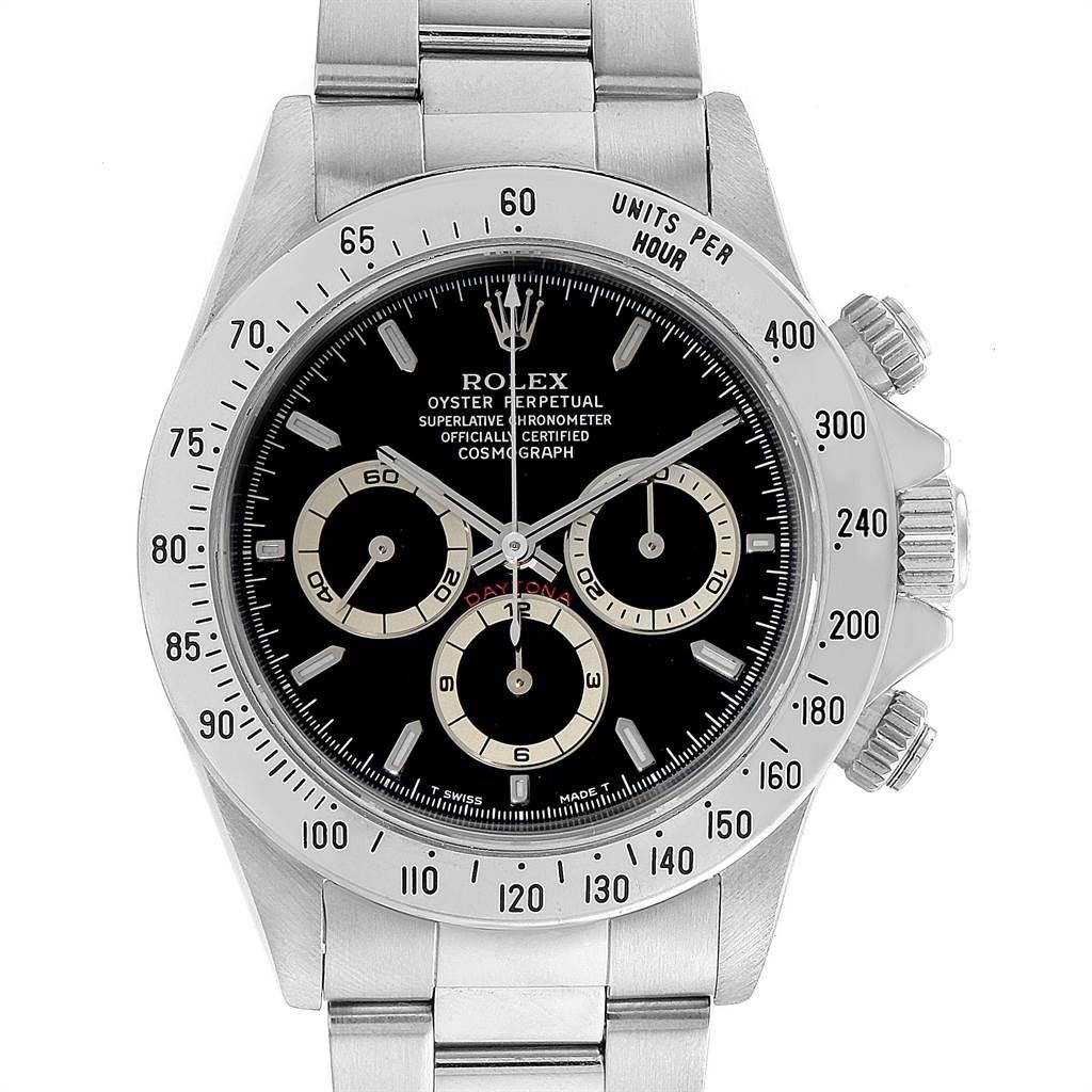 Rolex Cosmograph Daytona Black Dial Zenith Movement Watch 16520. Zenith authomatic self-winding chronograph movement. Stainless steel case 40.0 mm in diameter. Screw back, screw down crown, two round screw down chronograph buttons in the band.