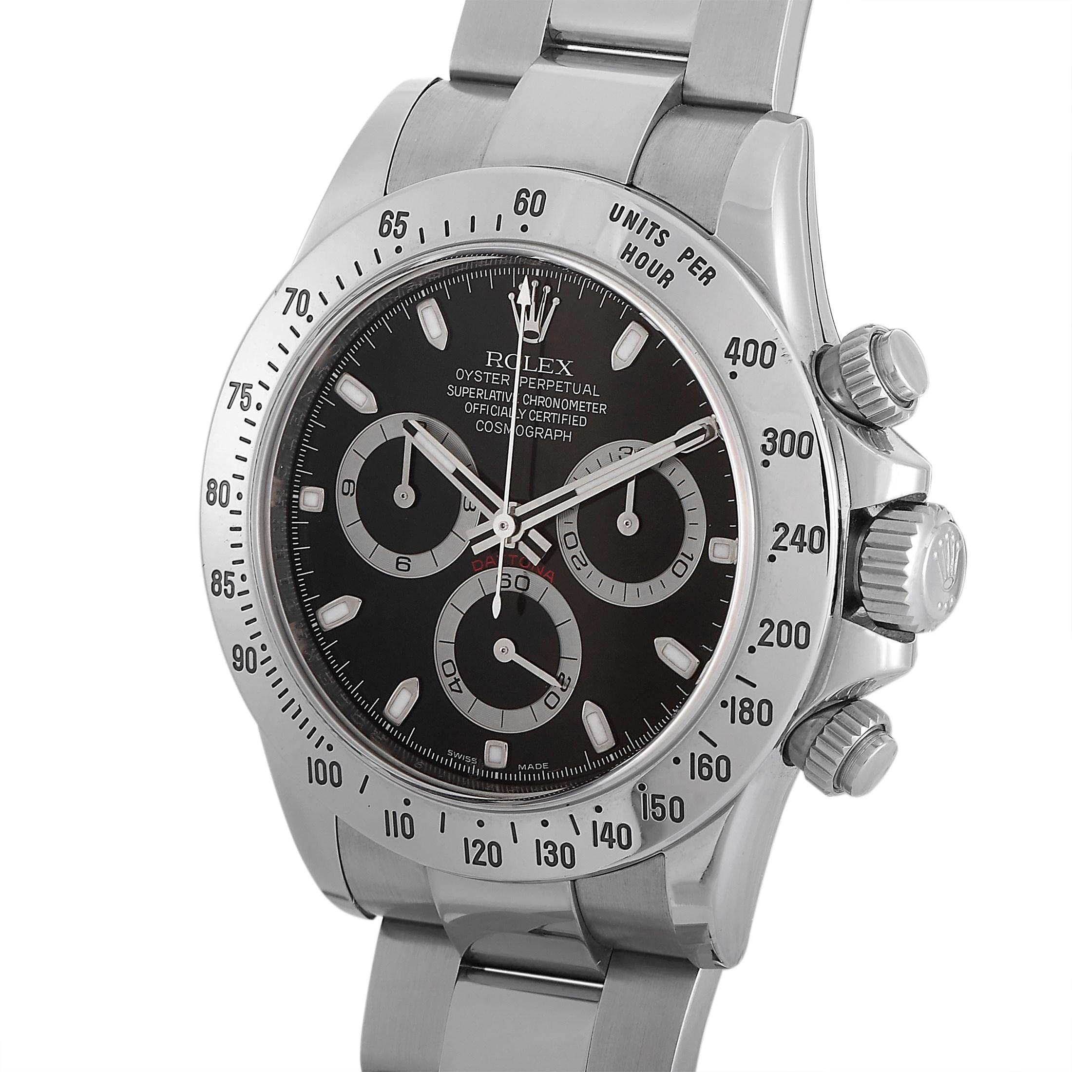 An icon among luxury chronographs, this Rolex Cosmograph Daytona Black Stainless Steel Men's Watch 116520 can be really difficult to obtain. You have your chance today. Offered in pre-owned condition, this handsome timepiece has aged well and has