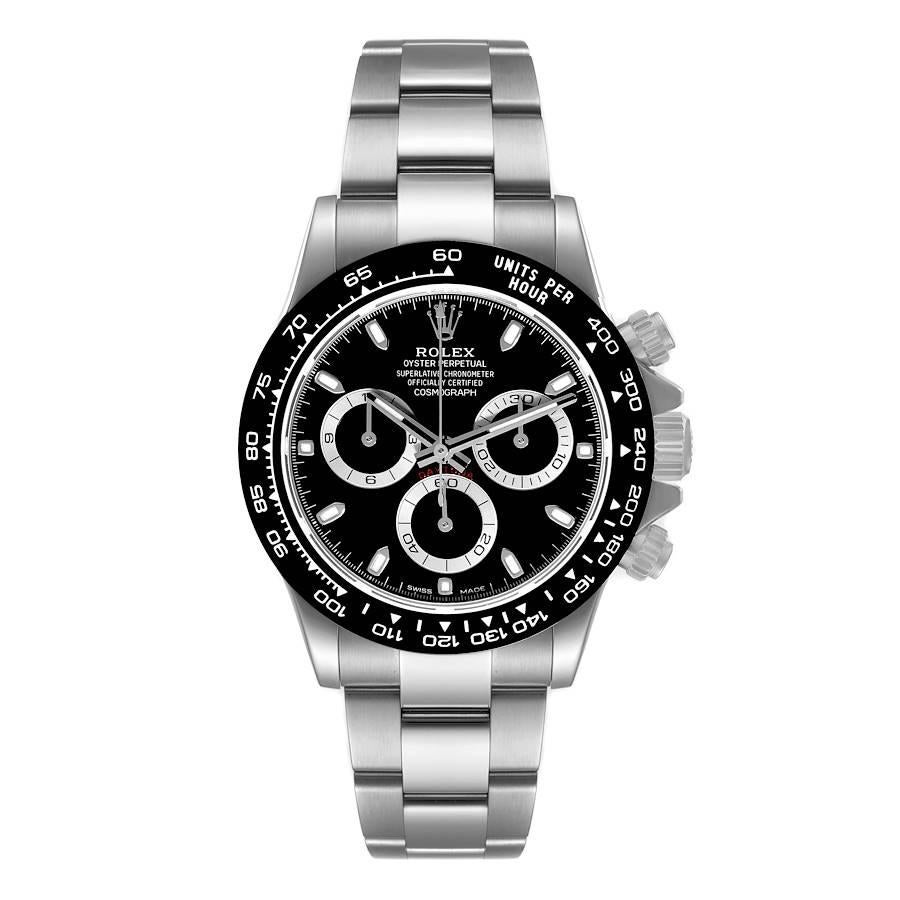 Rolex Cosmograph Daytona Ceramic Bezel Black Dial Mens Watch 116500 Box Card. Officially certified chronometer automatic self-winding chronograph movement. Stainless steel case 40.0 mm in diameter. Special screw-down push buttons. Black monobloc