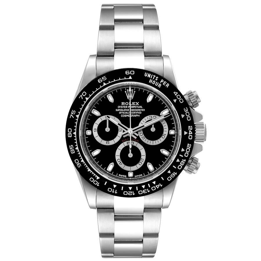 Rolex Cosmograph Daytona Ceramic Bezel Black Dial Mens Watch 116500 Box Card. Officially certified chronometer automatic self-winding chronograph movement. Stainless steel case 40.0 mm in diameter. Special screw-down push buttons. Black monobloc
