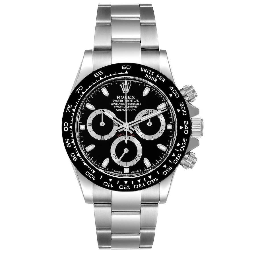Rolex Cosmograph Daytona Ceramic Bezel Black Dial Mens Watch 116500 Box Card. Officially certified chronometer automatic self-winding chronograph movement. Stainless steel case 40.0 mm in diameter. Screw-down crown and pushers. Black monobloc
