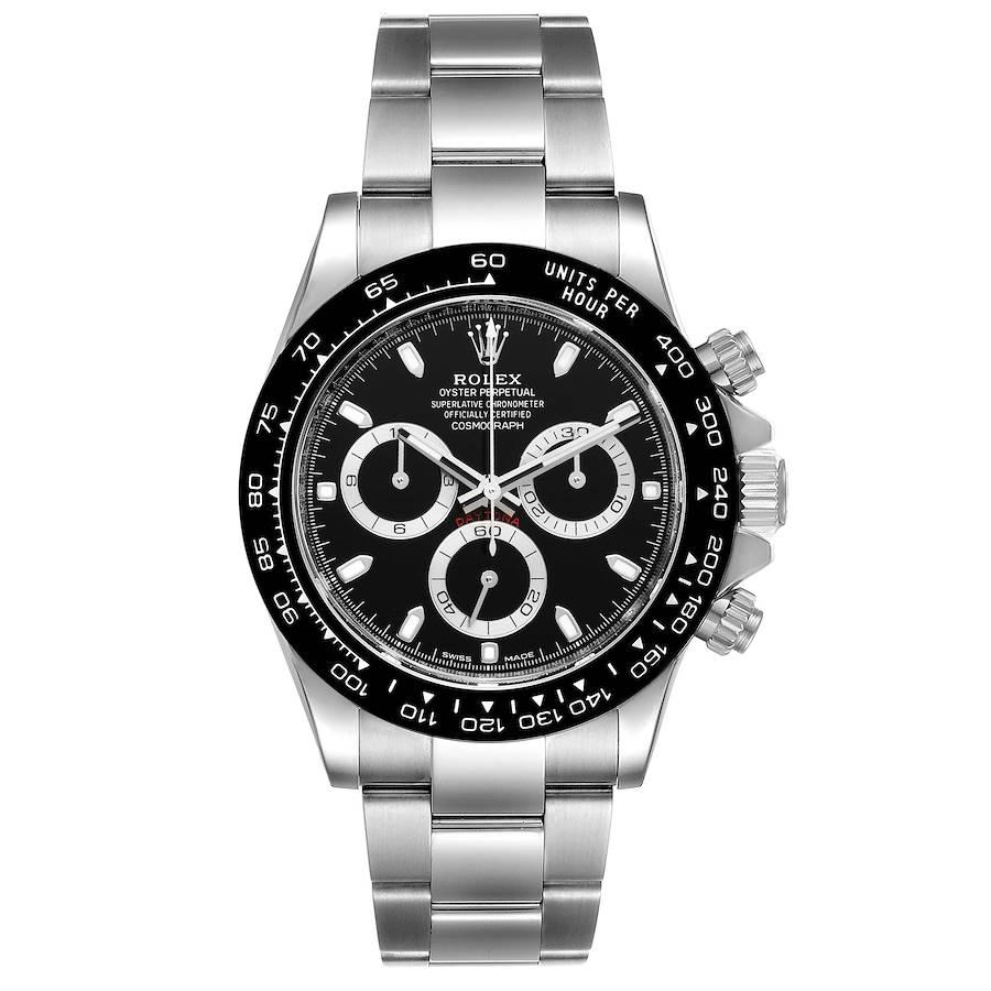 Rolex Cosmograph Daytona Ceramic Bezel Black Dial Mens Watch 116500. Officially certified chronometer automatic self-winding chronograph movement. Stainless steel case 40.0 mm in diameter. Special screw-down push buttons. Black monobloc Cerachrom in