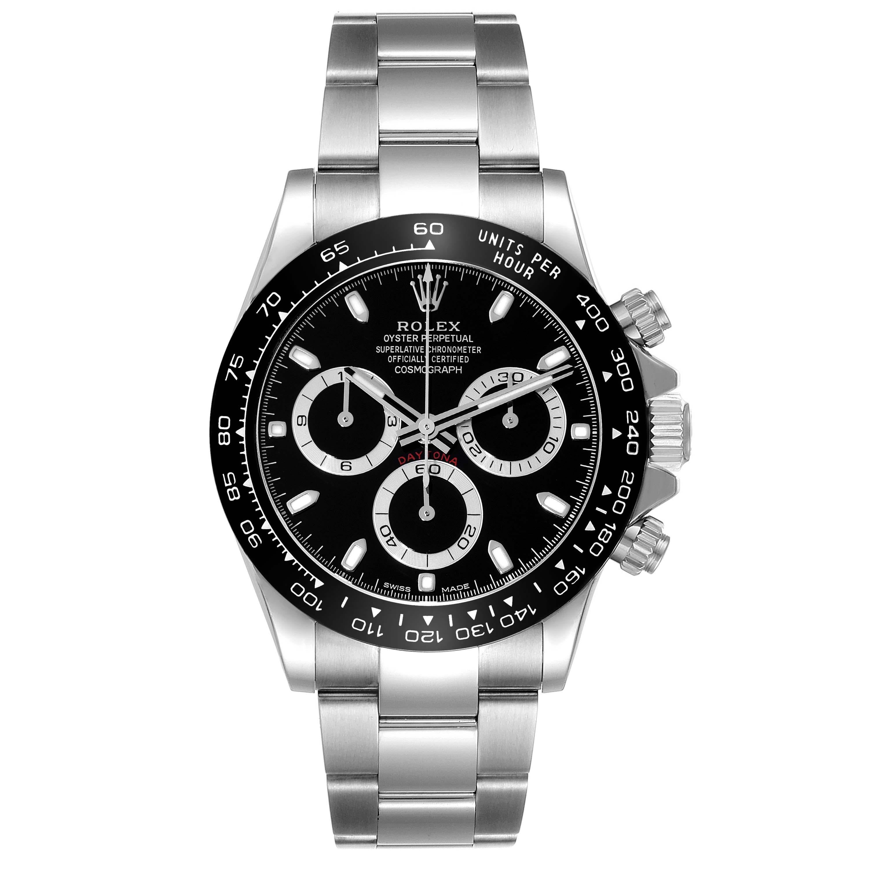 Rolex Cosmograph Daytona Ceramic Bezel Black Dial Mens Watch 116500. Officially certified chronometer automatic self-winding chronograph movement. Stainless steel case 40.0 mm in diameter. Screw-down crown and pushers. Black monobloc Cerachrom