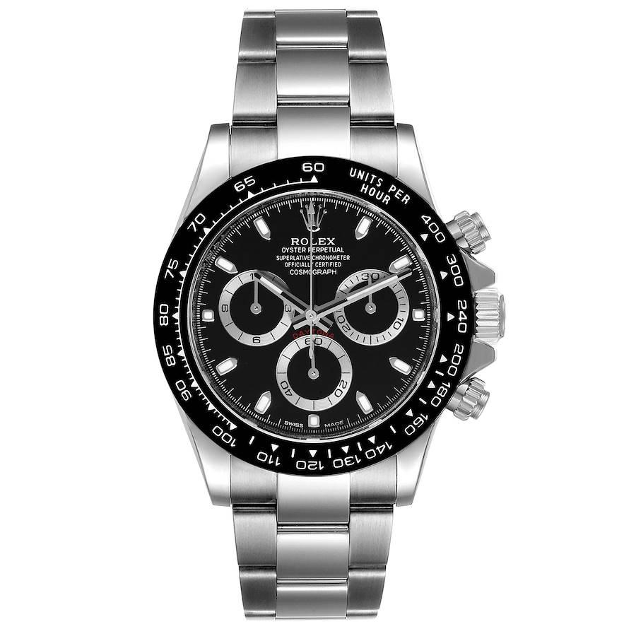 Rolex Cosmograph Daytona Ceramic Bezel Black Dial Mens Watch 116500 Unworn. Officially certified chronometer automatic self-winding chronograph movement. Stainless steel case 40.0 mm in diameter. Special screw-down push buttons. Black monobloc