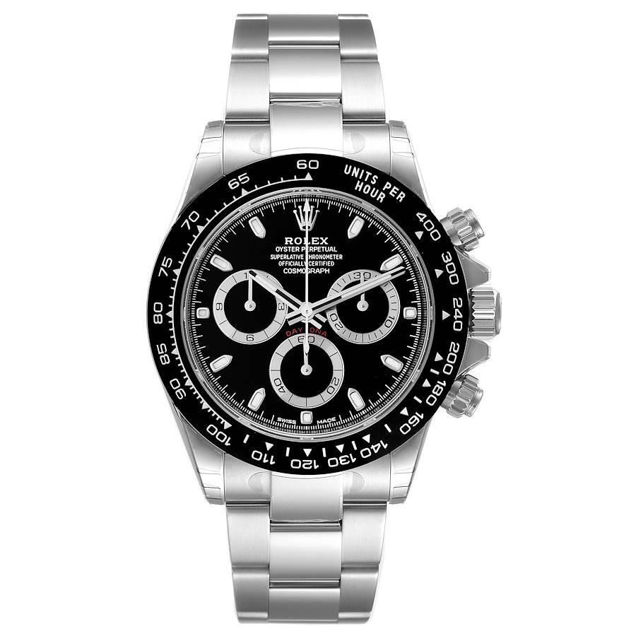 Rolex Cosmograph Daytona Ceramic Bezel Black Dial Mens Watch 116500 Unworn. Officially certified chronometer automatic self-winding chronograph movement. Stainless steel case 40.0 mm in diameter. Special screw-down push buttons. Black monobloc