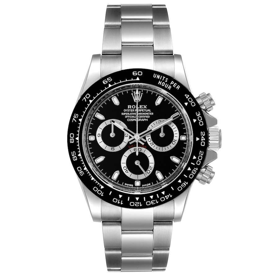 Rolex Cosmograph Daytona Ceramic Bezel Black Dial Watch 116500 Box Card. Officially certified chronometer automatic self-winding chronograph movement. Stainless steel case 40.0 mm in diameter. Special screw-down push buttons. Black monobloc