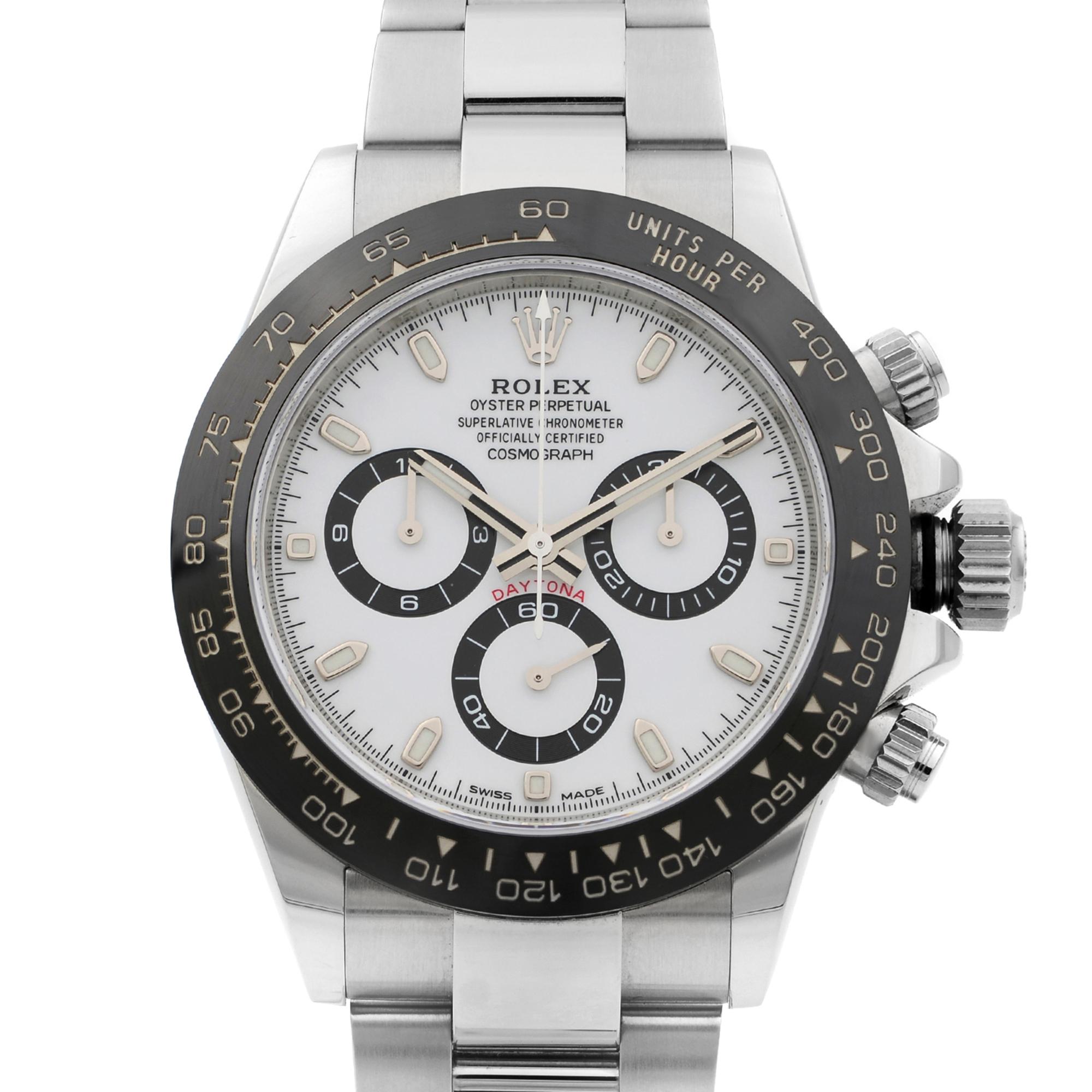 This pre-owned Rolex Daytona  116500LN is a beautiful men's timepiece that is powered by mechanical (automatic) movement which is cased in a stainless steel case. It has a round shape face, chronograph, small seconds subdial dial and has hand sticks