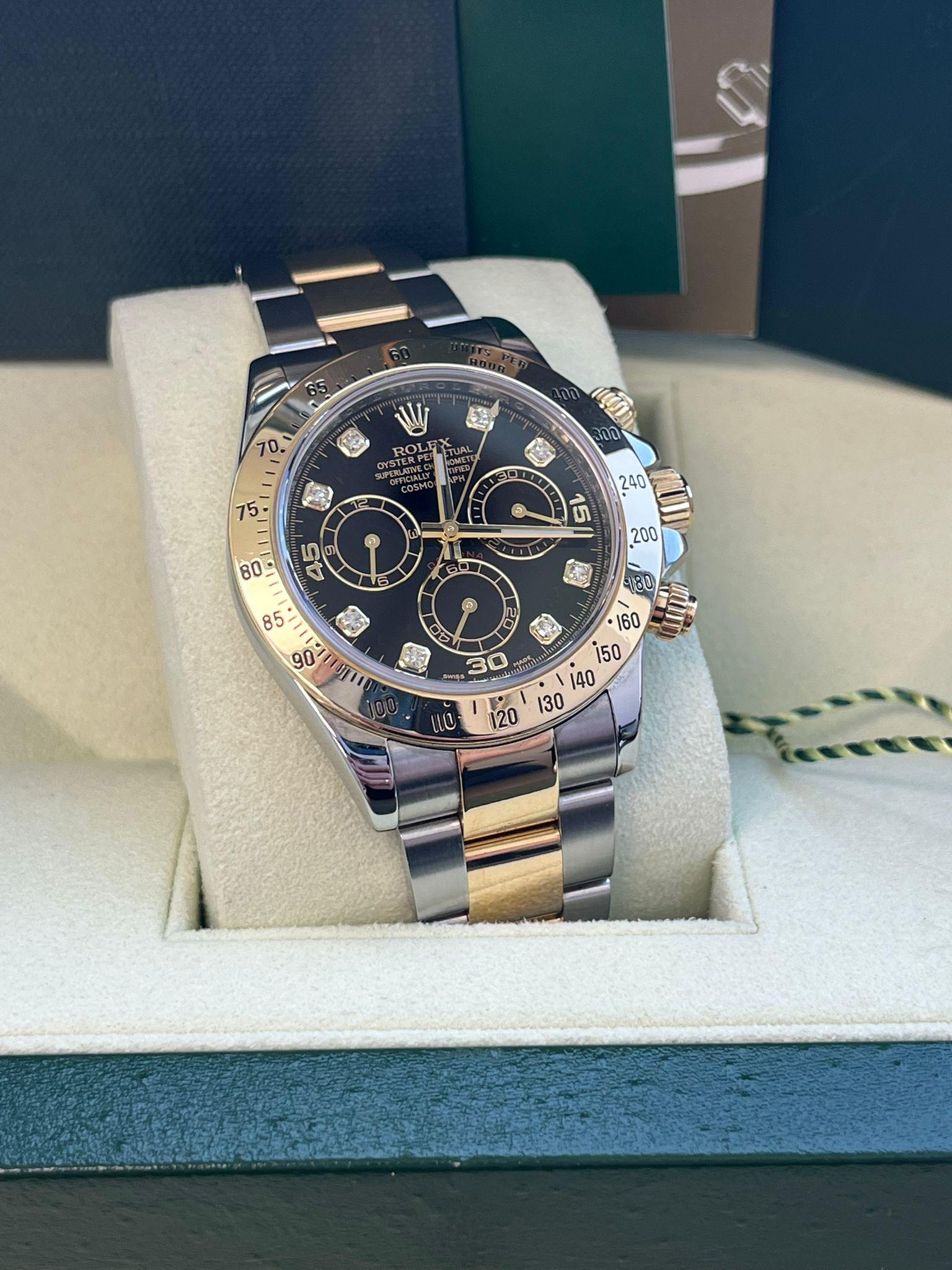 Rolex Cosmograph Daytona Diamant schwarzes Zifferblatt Oystersteel Herrenuhr 116523 im Zustand „Gut“ im Angebot in Aventura, FL