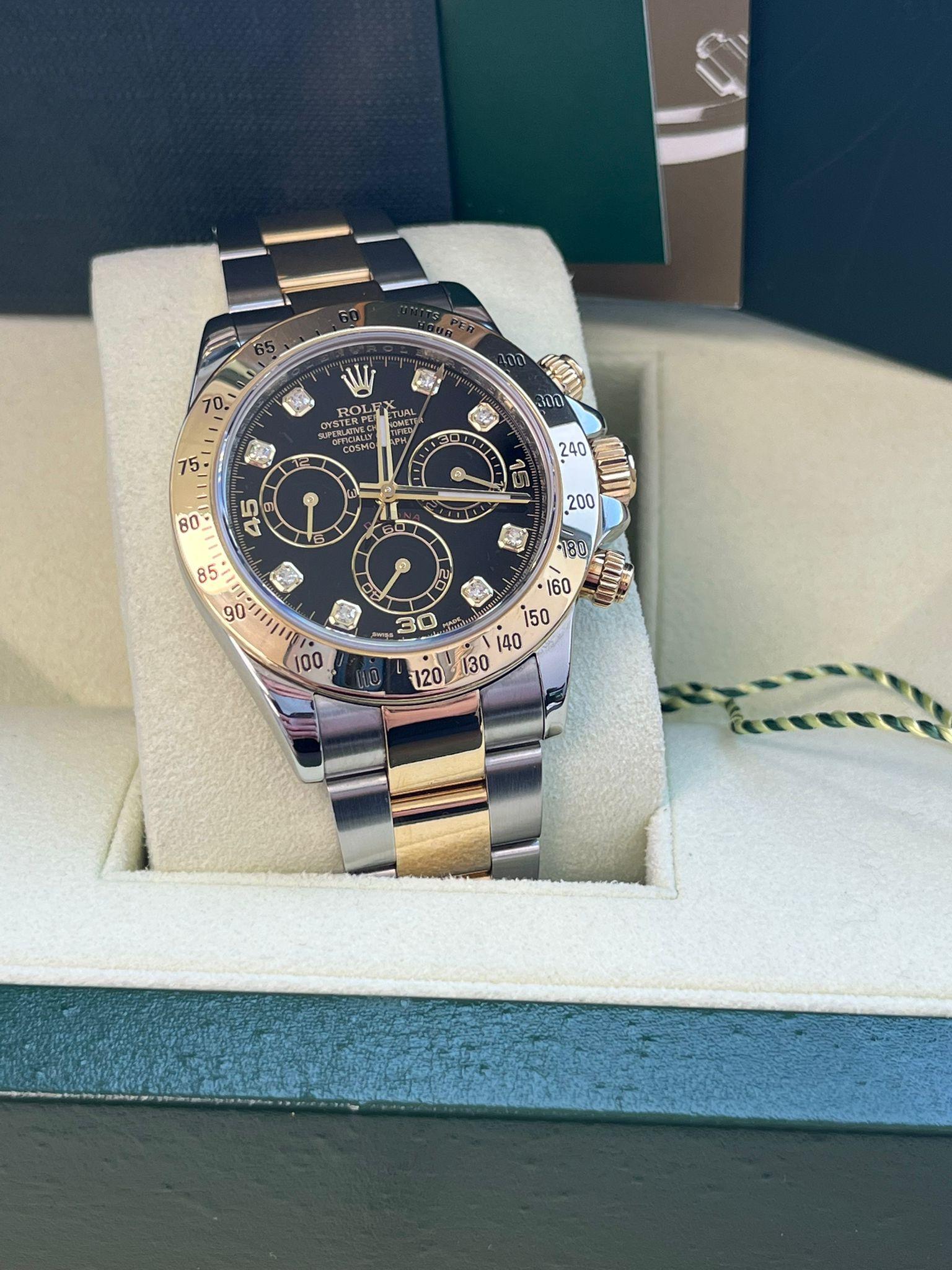Rolex Cosmograph Daytona Diamant schwarzes Zifferblatt Oystersteel Herrenuhr 116523 für Damen oder Herren im Angebot