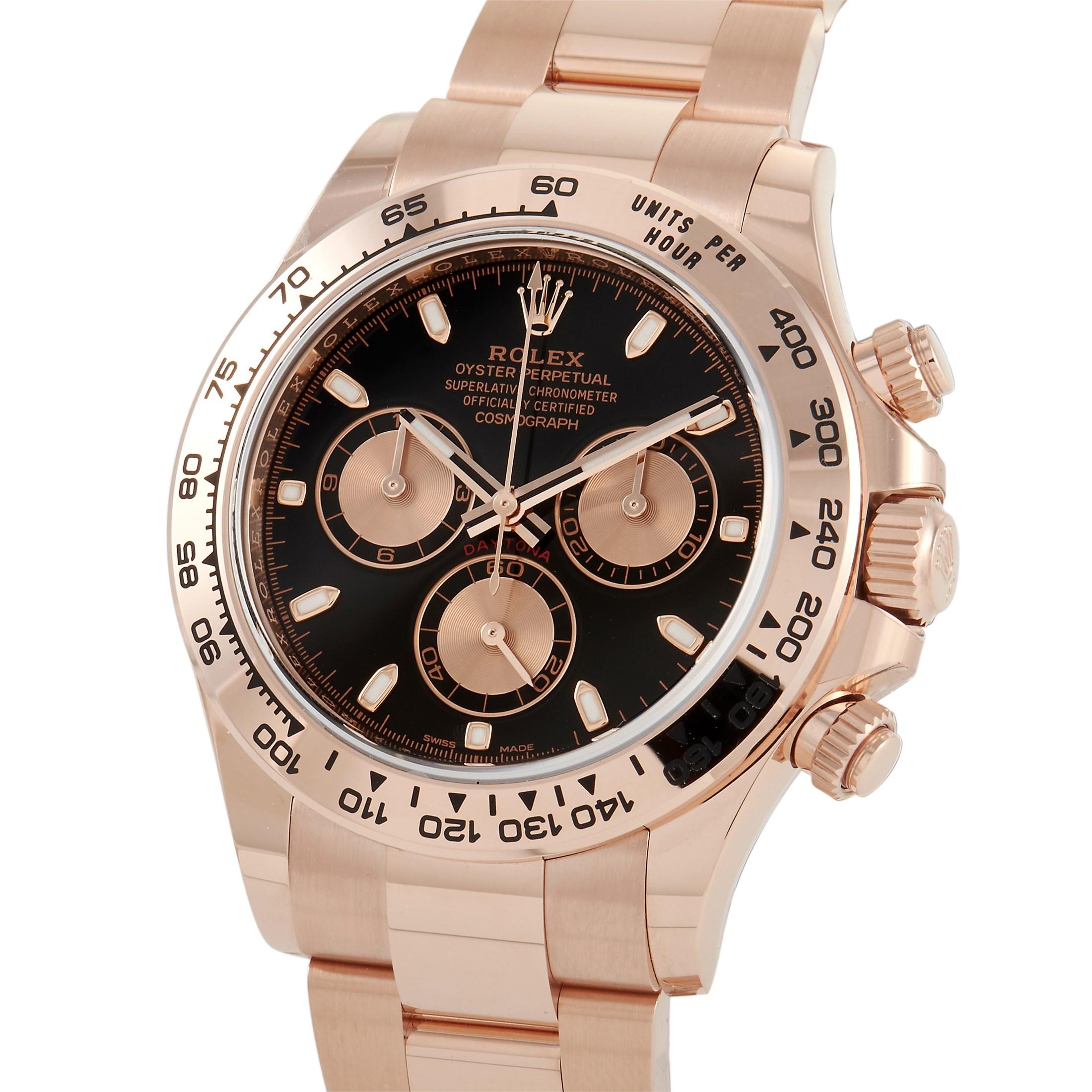 Seamlessly blending classic and modern trends, the Rolex Cosmograph Daytona Everose Gold & Black Men's Chronograph Watch 116505 will become your next favorite timepiece. This watch has a 40mm case and a black dial with three rose gold sub-dials. The