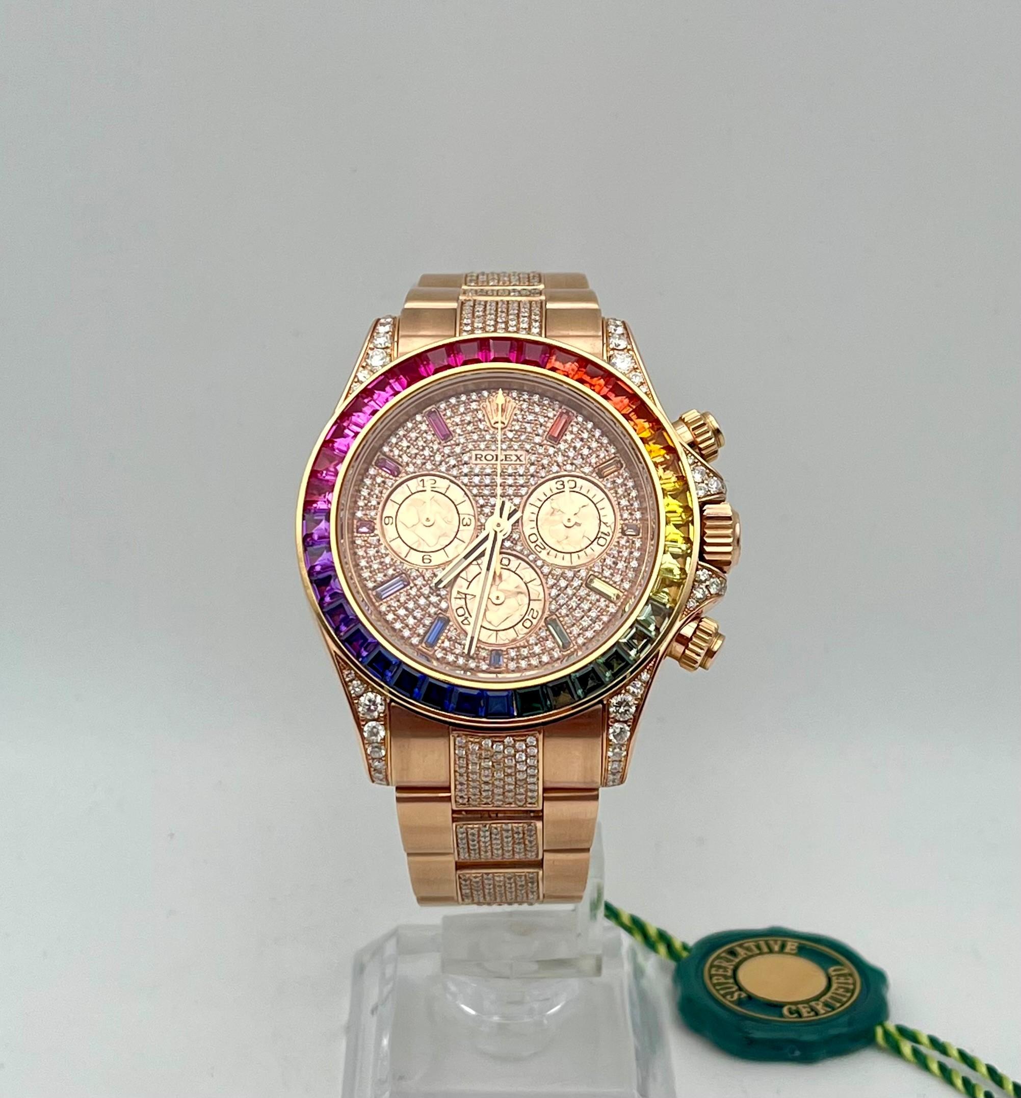 Rolex Cosmograph Daytona Everose rainbow aftermarket, with box and papers 2018
Model, Daytona 116505 ; Serial/Year. Current ; Case Diameter, 40mm ; Dial. Custom Diamond Dial Fixed bezel set with 36 rainbow colored baguette sapphires 

PRADERA is a