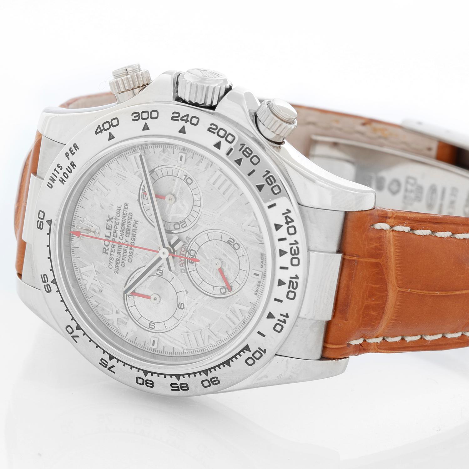 Rolex Cosmograph Daytona Men's White Gold  116519 - Automatic winding, chronograph, 44 jewels, sapphire crystal. 18k white gold case and bezel. Factory Meteorite Diamond Dial. Strap with Rolex 18k white gold deployant clasp. Pre-owned with Rolex box