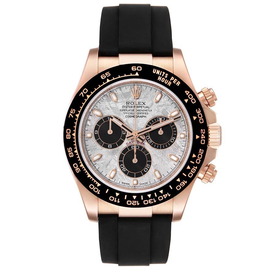 Rolex Cosmograph Daytona Meteorite Dial Everose Gold Mens Watch 116515 Box Card. Officially certified chronometer self-winding movement. 18K rose gold case 40.0 mm in diameter. Special screw-down push buttons. Screw-down case back. Chronograph