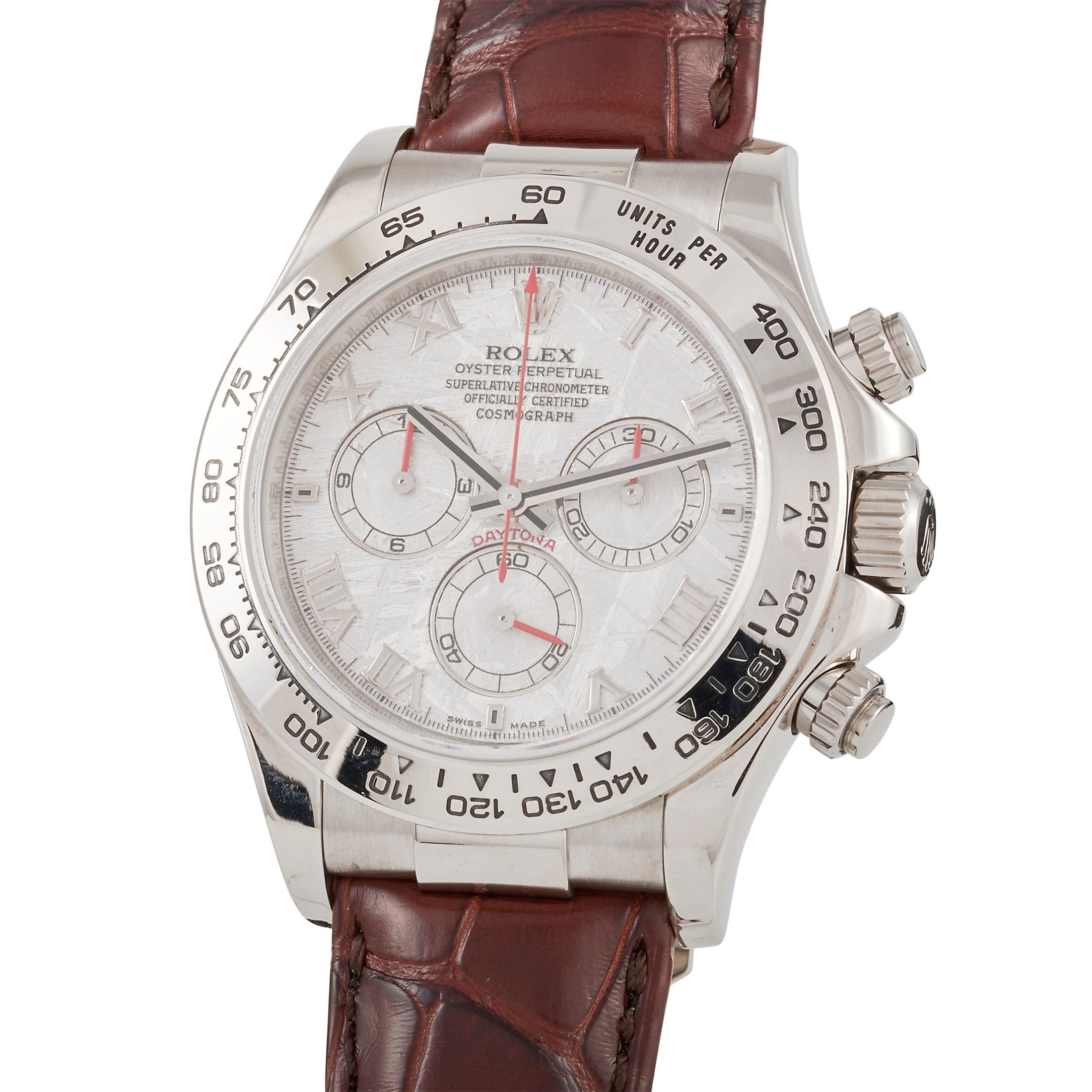 This Rolex Cosmograph Daytona Meteorite Dial Watch, reference number 116519, features a white gold case measuring 40 mm in diameter. It is presented on a brown crocodile leather strap with deployment clasp. The meteorite dial displays hours,