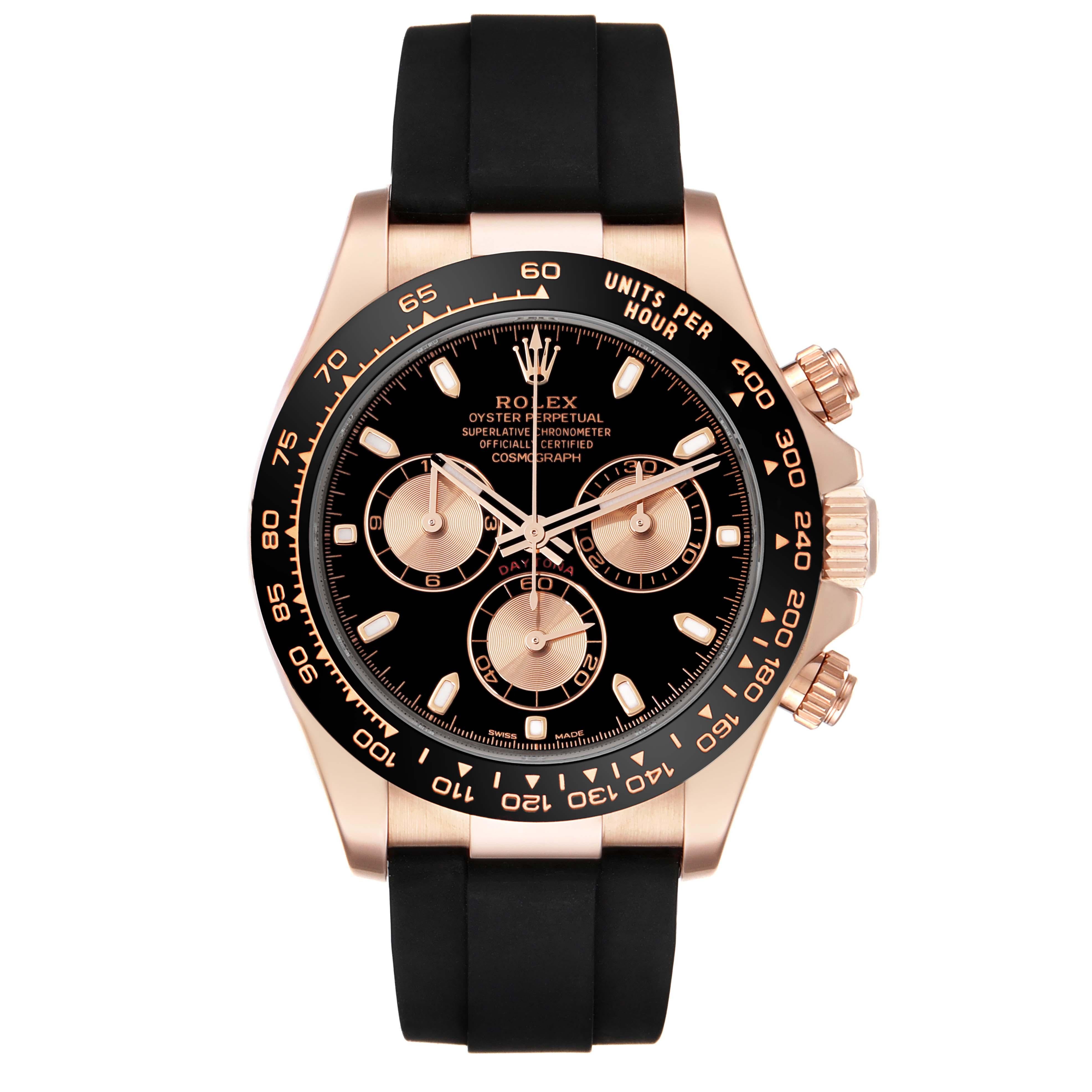 Rolex Cosmograph Daytona Oysterflex Rose Gold Mens Watch 116515 Box Card. Officially certified chronometer self-winding movement. 18K rose gold case 40.0 mm in diameter. Special screw-down push buttons. Screw-down case back. Chronograph pushers and