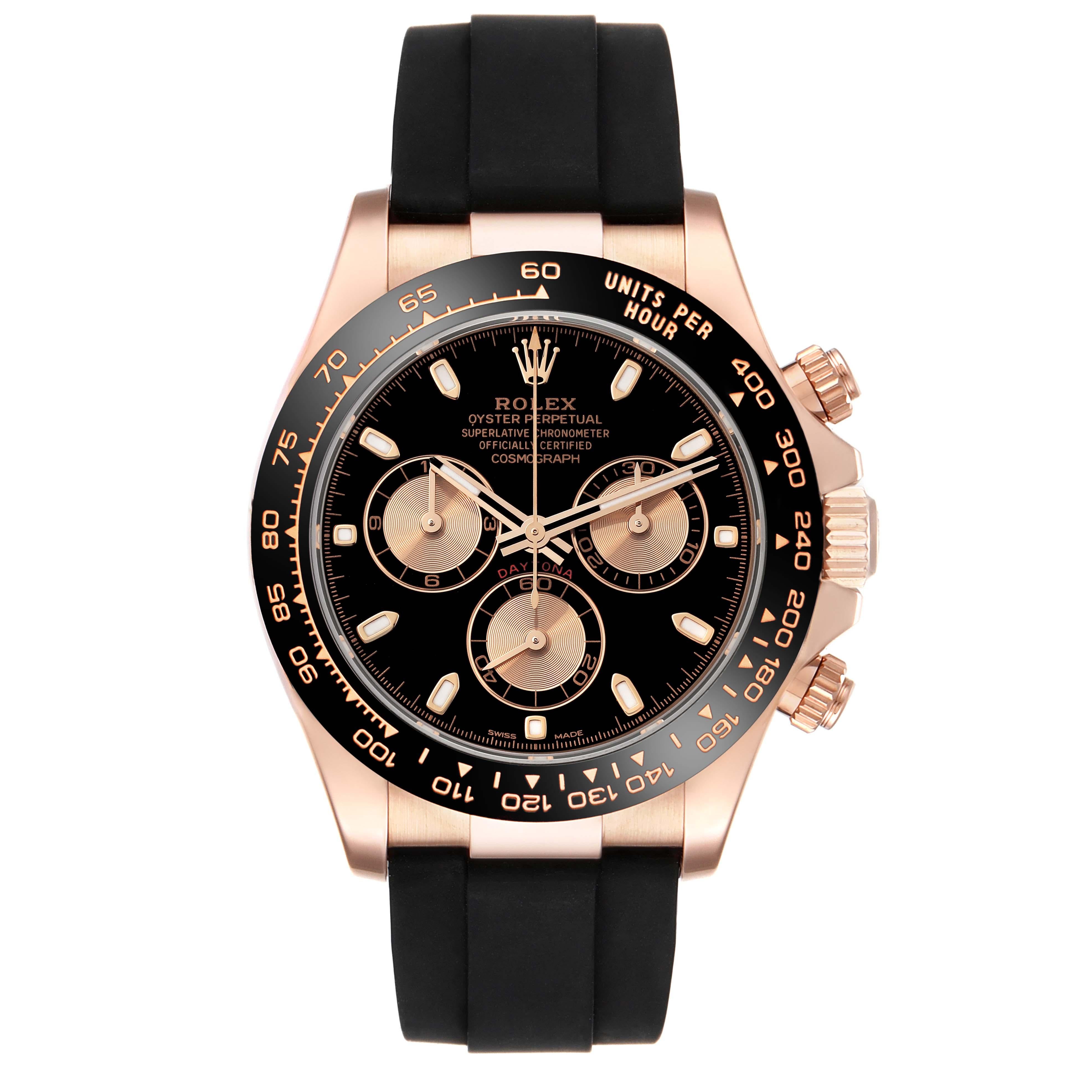 Rolex Cosmograph Daytona Oysterflex Rose Gold Mens Watch 116515 Box Card. Officially certified chronometer automatic self-winding movement. 18K rose gold case 40.0 mm in diameter. Special screw-down push buttons. Screw-down case back. Chronograph