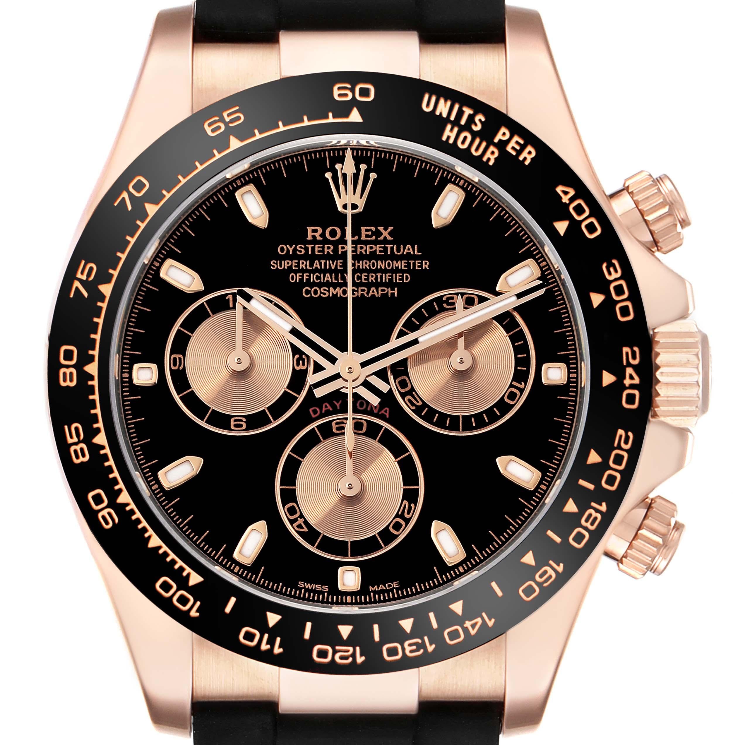Rolex Cosmograph Daytona Oysterflex Rose Gold Mens Watch 116515. Mouvement à remontage automatique certifié chronomètre. Boîtier en or rose 18 carats de 40,0 mm de diamètre. Boutons poussoirs spéciaux à visser. Fond vissé. Poussoirs et couronne du