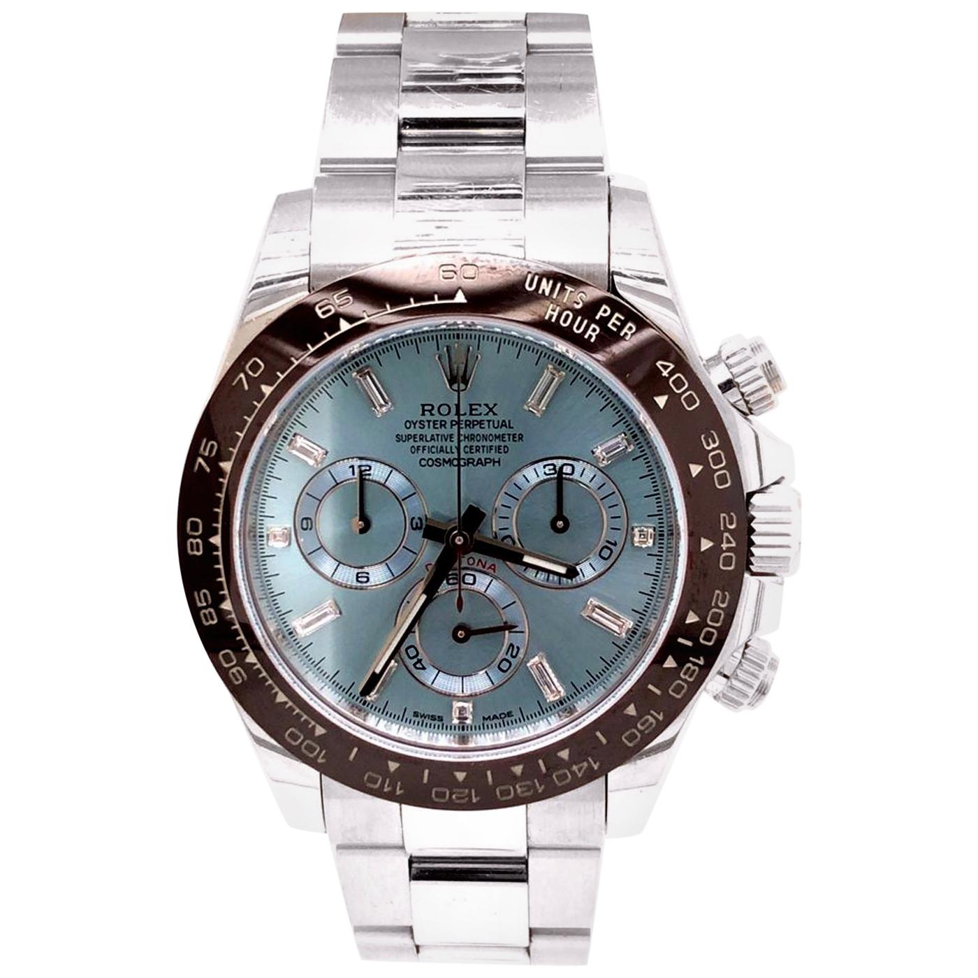 Rolex Cosmograph Daytona Platinum Ice Factory Blue Gem Index Dial Watch  116506 at 1stDibs
